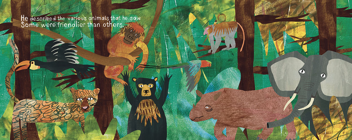 A children's book spread from a book about a jungle explorer.