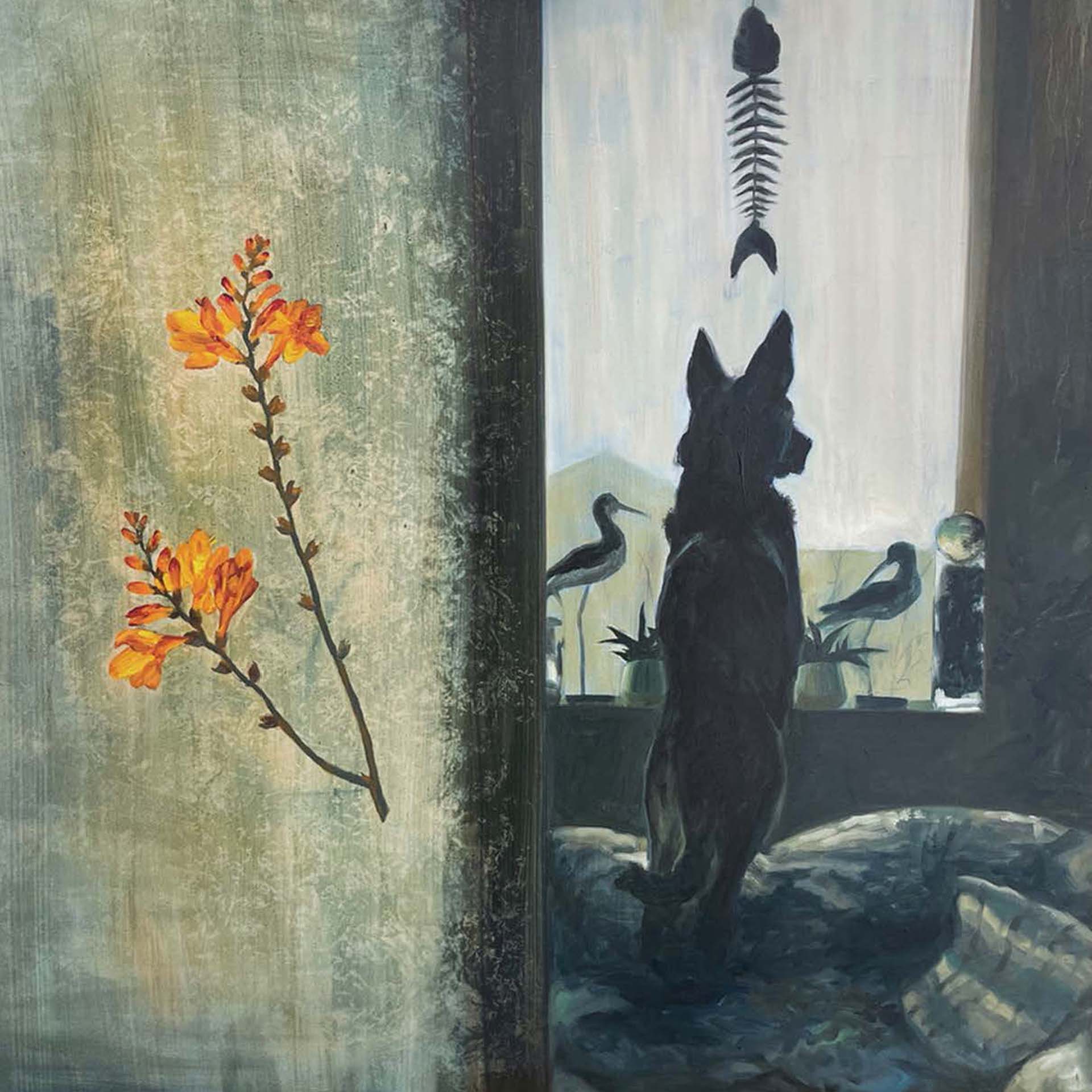 A painting split vertically in two parts; a pressed crocosmia on the left and a dog looking through a window with ornaments on the right.