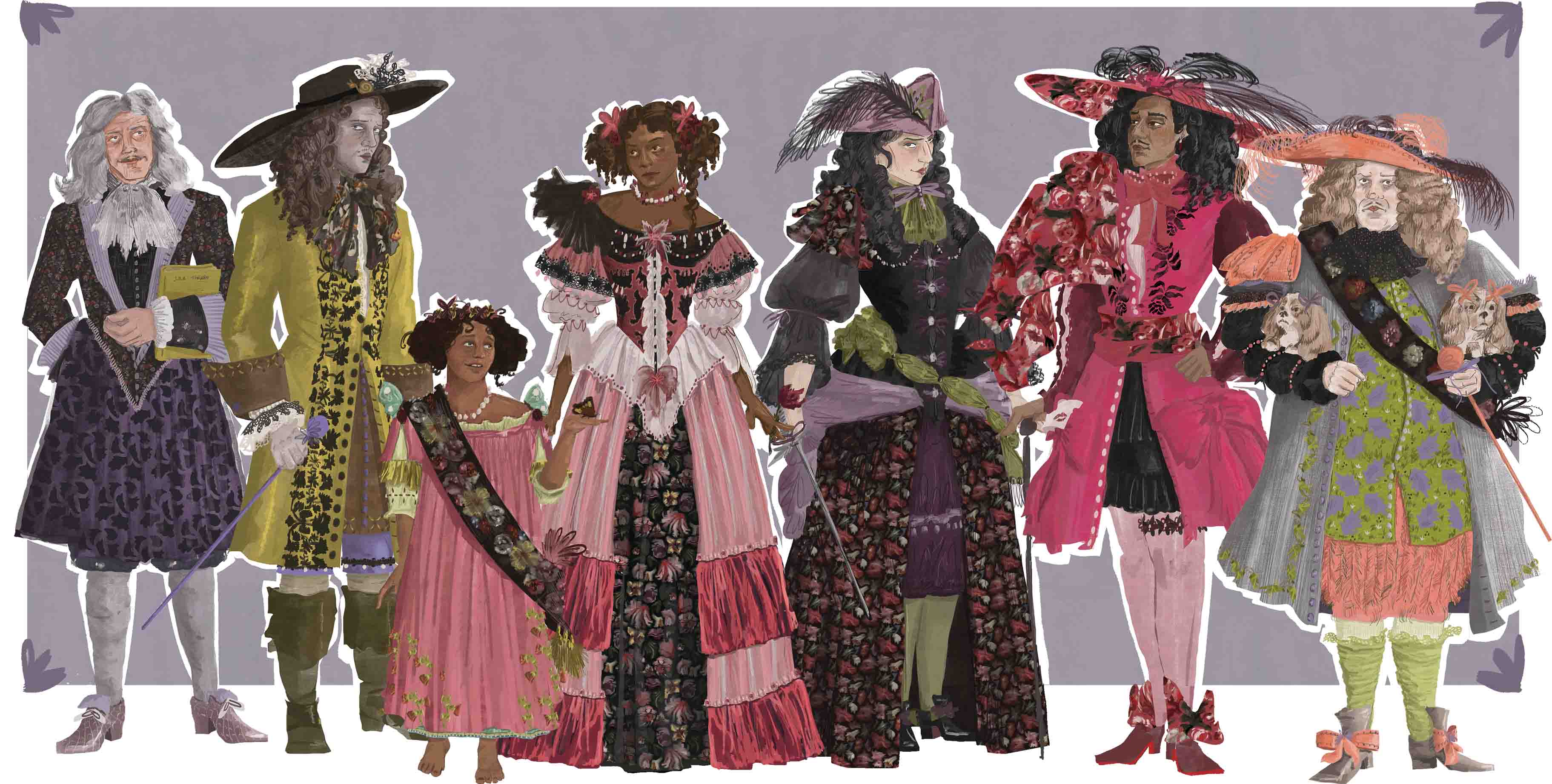 Set of seven final costume designs for 'Frenchman's Creek'.