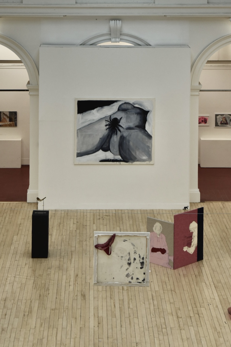 spider pubes on a large wall with surrounding works in a joint exhibition, a suspended canvas hung in front 