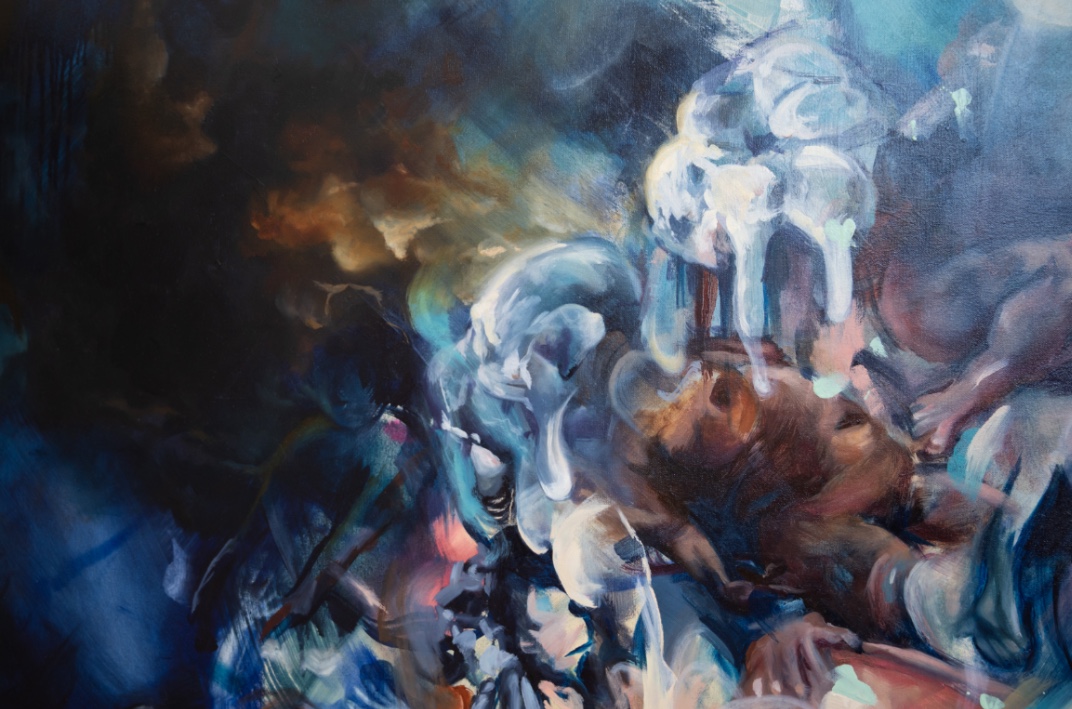 close up of blue and black clouds and abstract figures