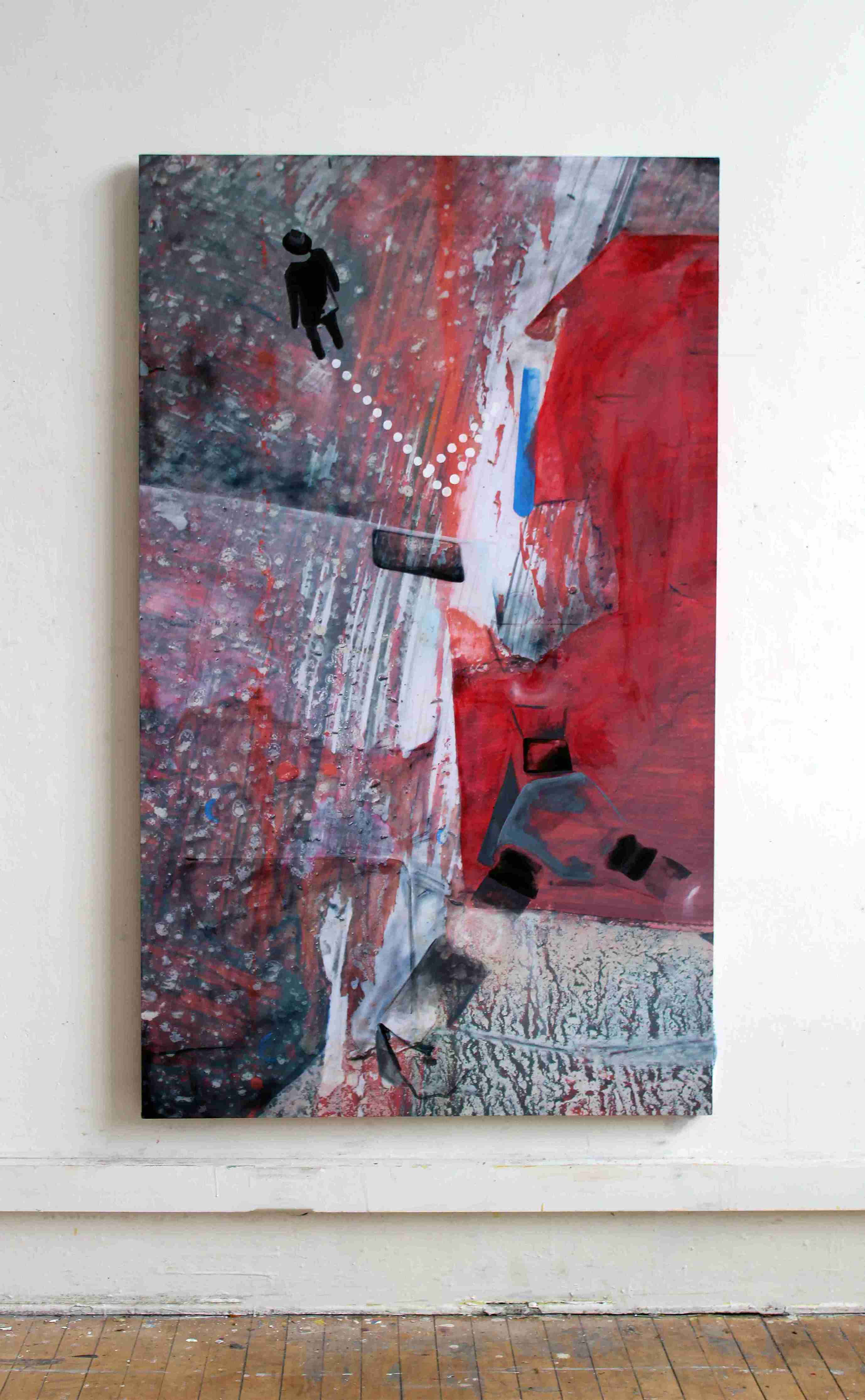 large red grey and blue abstract architectural painting