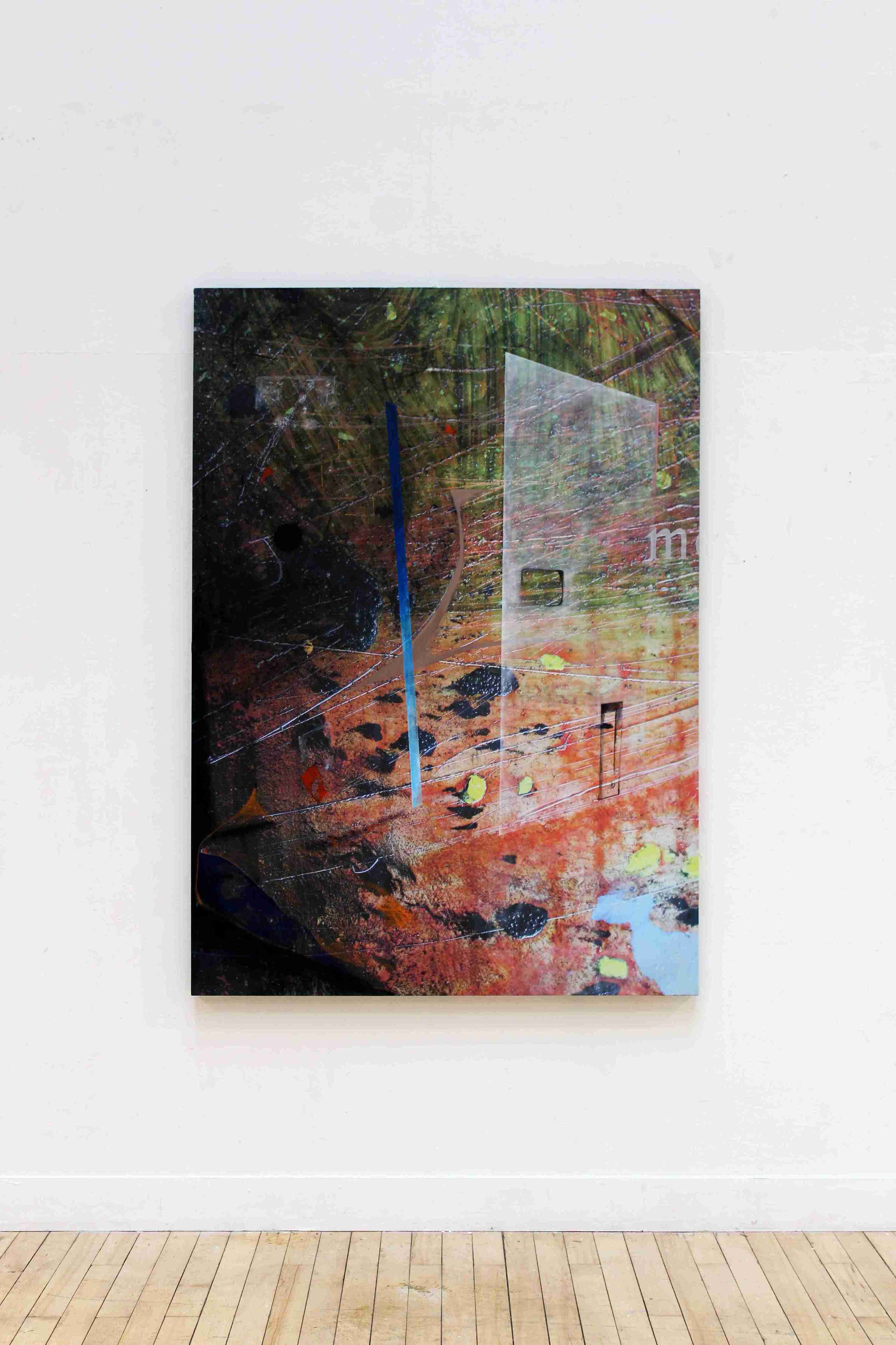 Orange, green, yellow, blue and black abstract architectural large printed painting