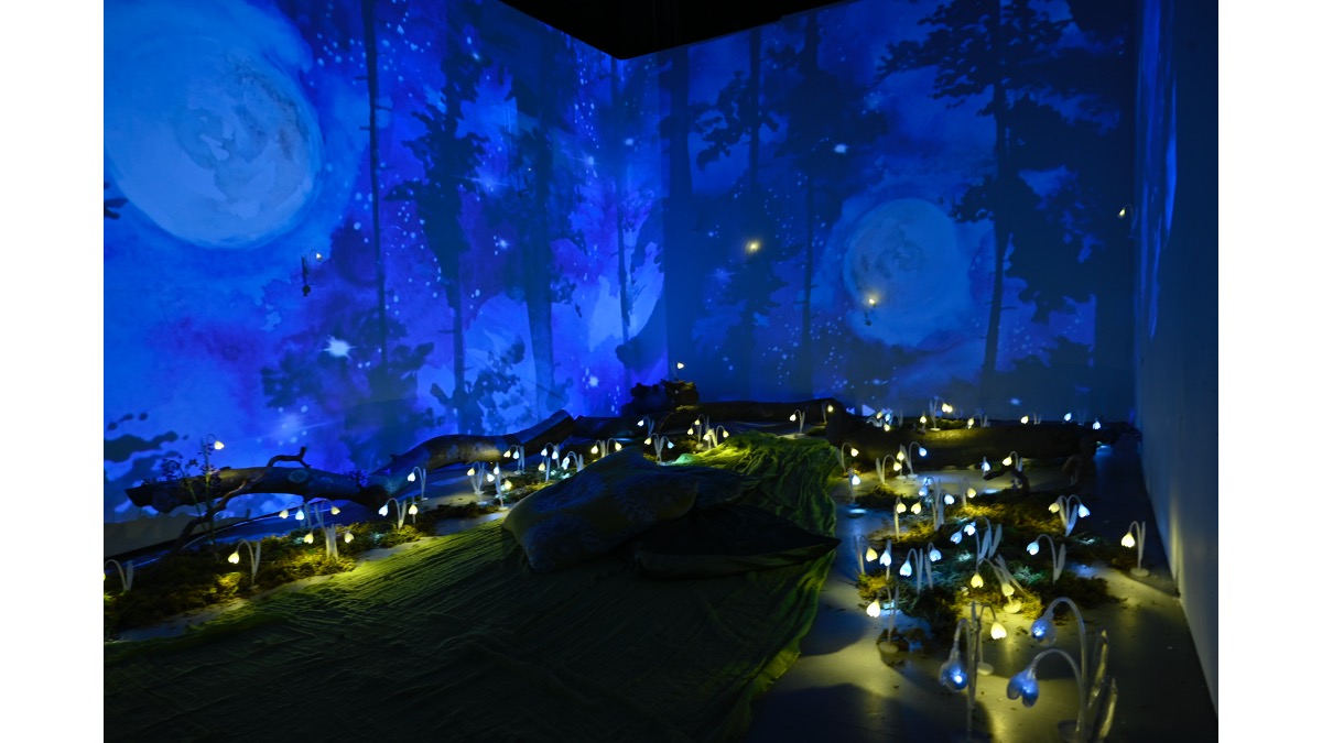 Glowing sculptures of flowers against room size projections of watercolours of the night sky