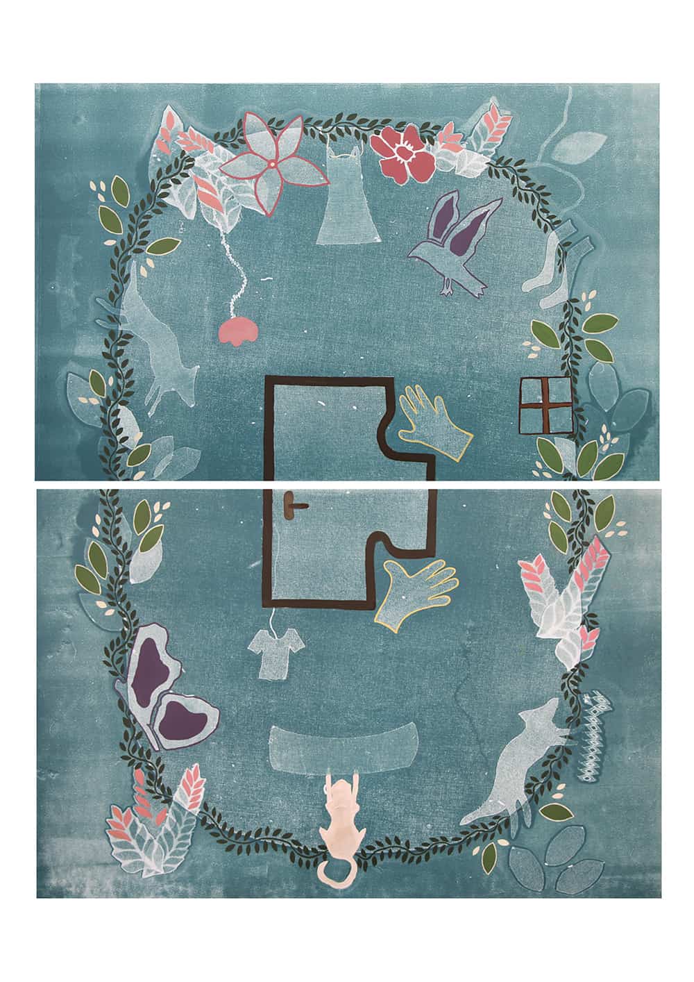 Blue mono-print portraying door in the middle surrounded by various symbols