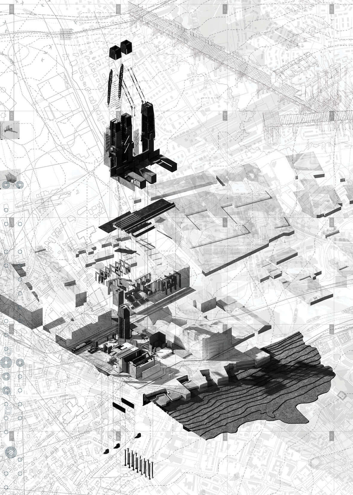 Exploded axonometric revealing the layered integration of data infrastructure, public program, and urban landscape - mapping how technological systems can be restructured to serve spatial, civic, and ecological functions.
