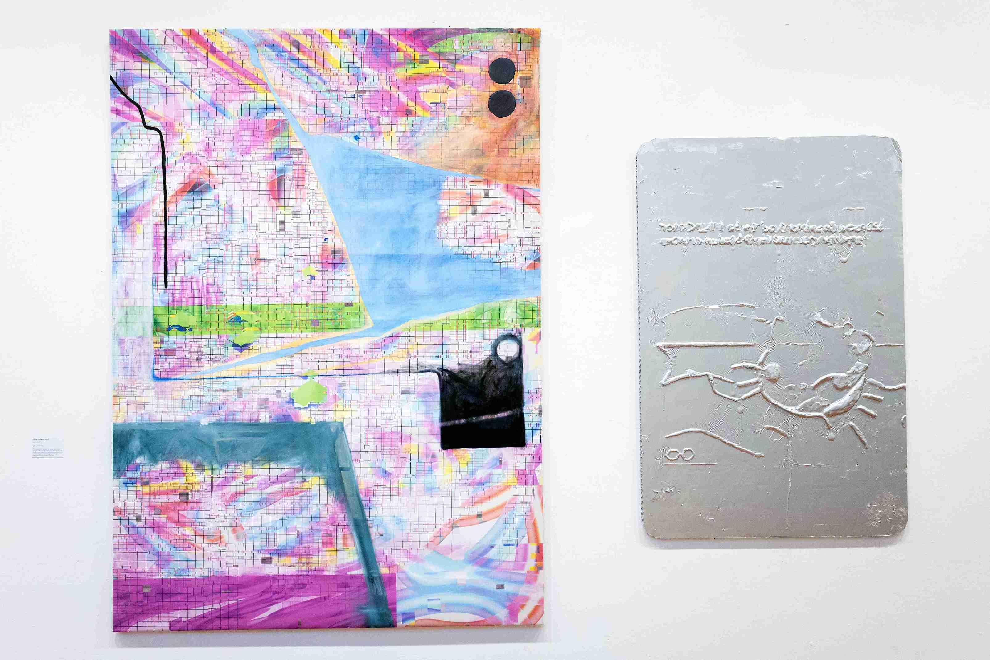 Large pink painting and medium metallic painting of Hello Kitty