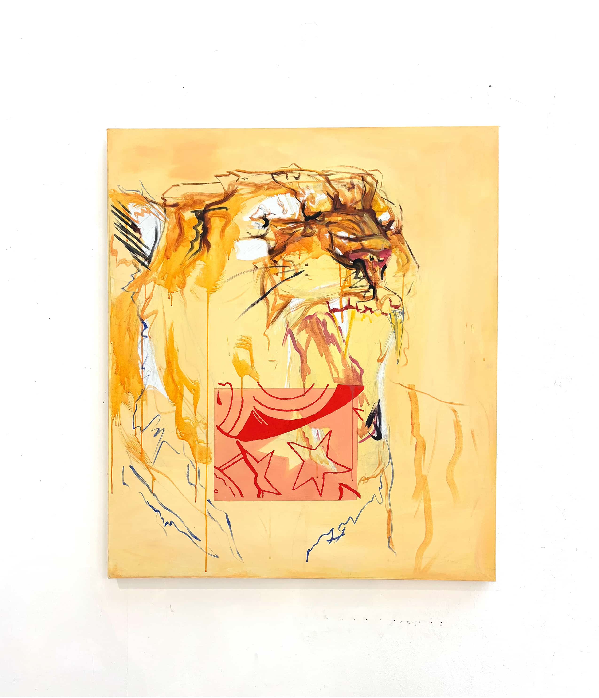 painted lion and star screen print on yellow background