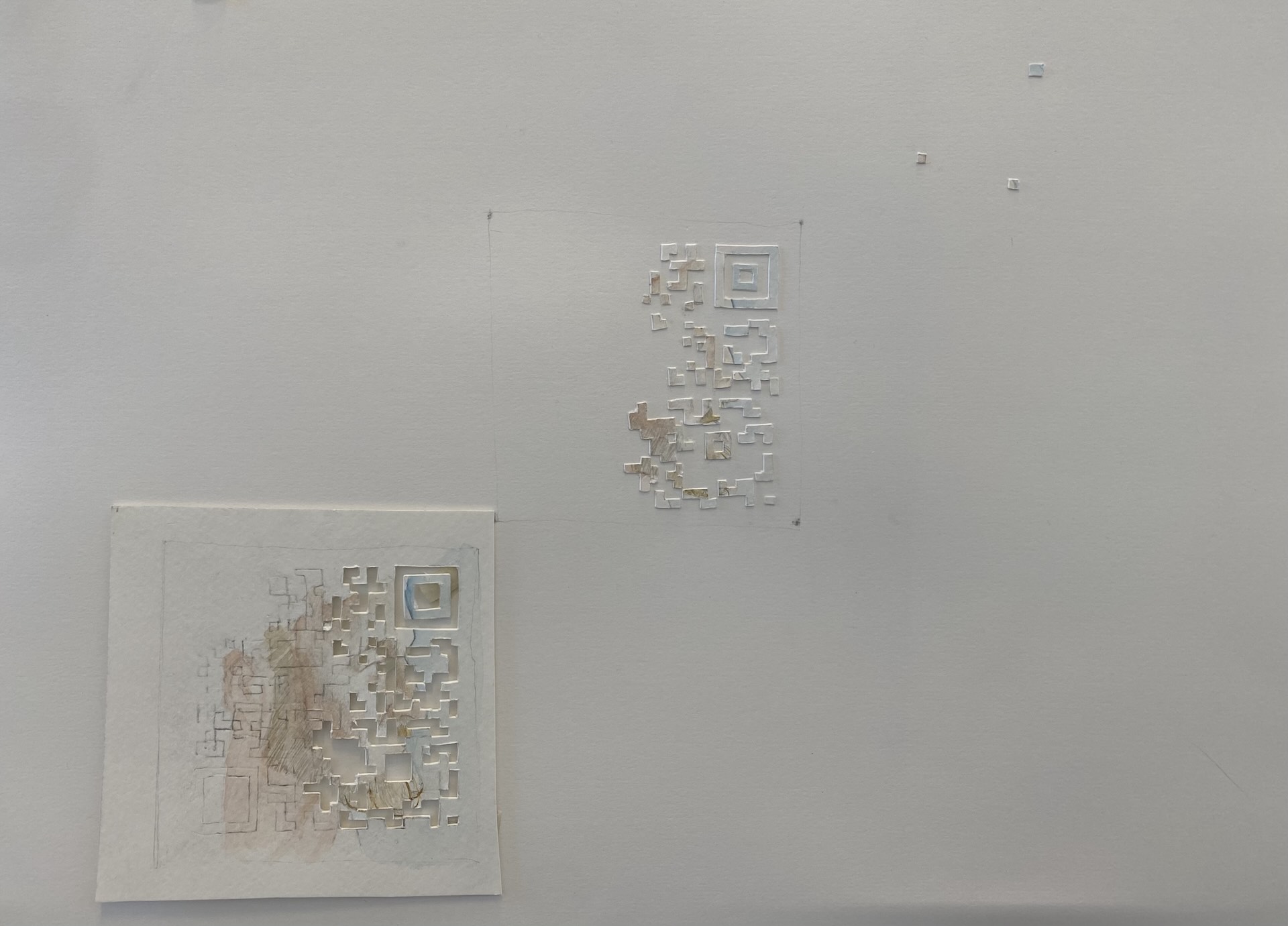 Intermedia piece showing face falling apart in the pattern of a QR code