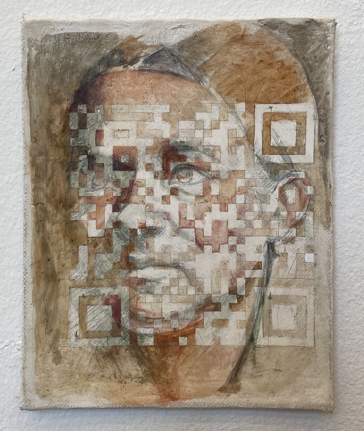 Portrait of a girl with a QR code stencilled over her.