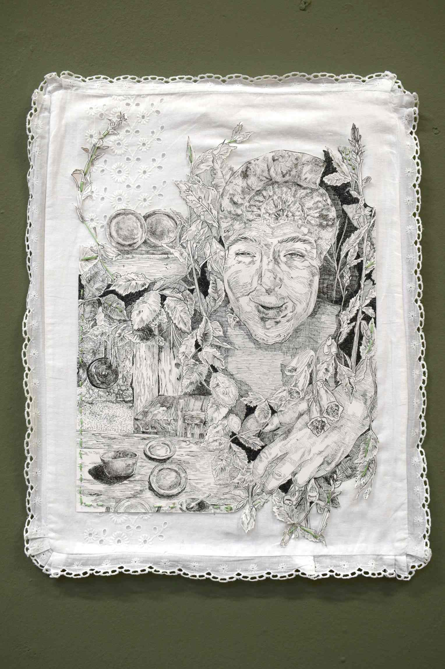 'The Blakey ridge hob’ pen and ink on paper, embroidered onto found fabric, 10x 14.5 inches, 2025