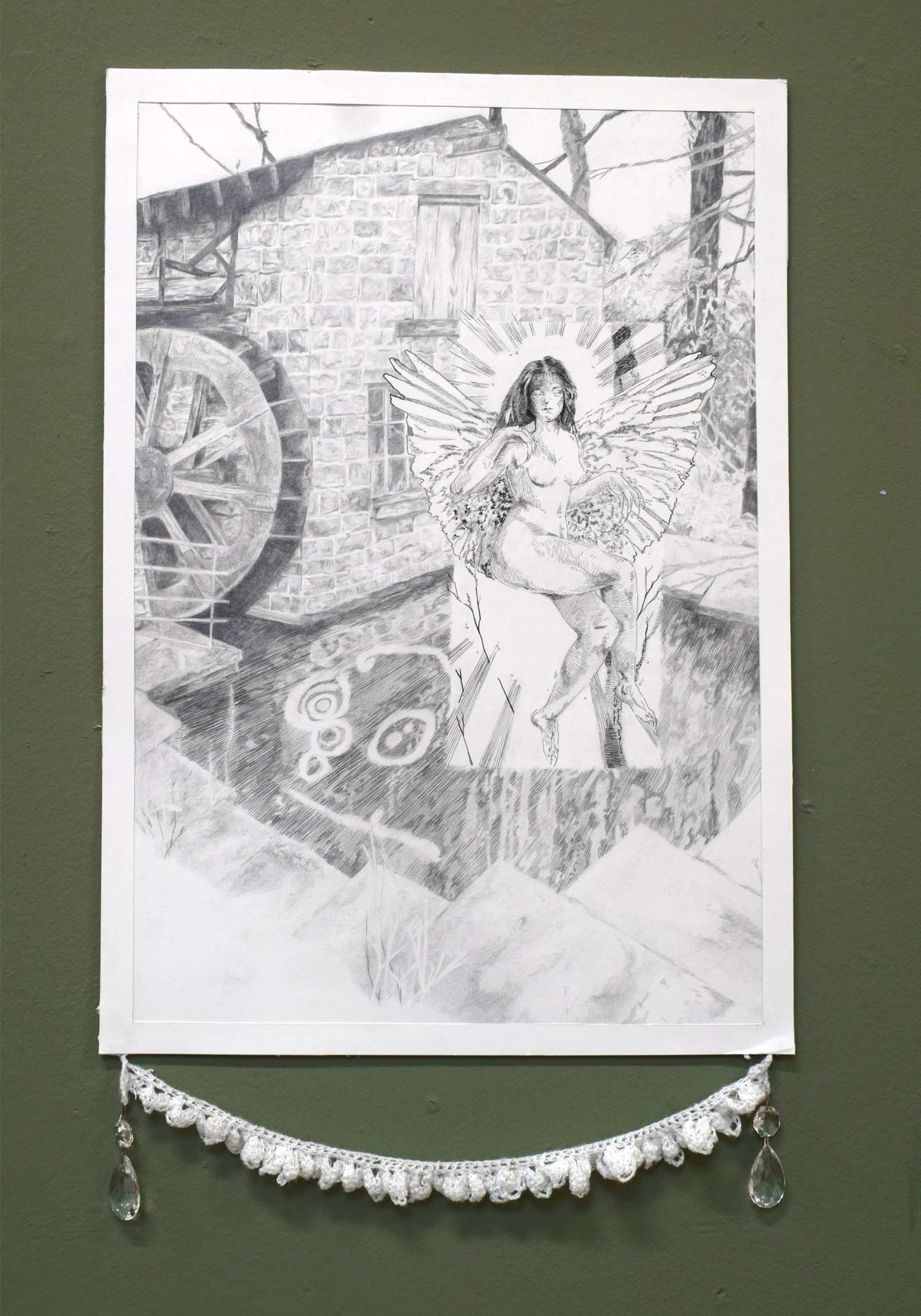 ‘The cup and ring' graphite and pen on paper with hand crocheted adornment, 16.5 x 23.4 inches, 2025