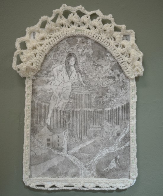 'Nine circuits’ aquatint etching on hahnemühle paper with hand crocheted adornment, 8.3 x 11.7  inches, 2025