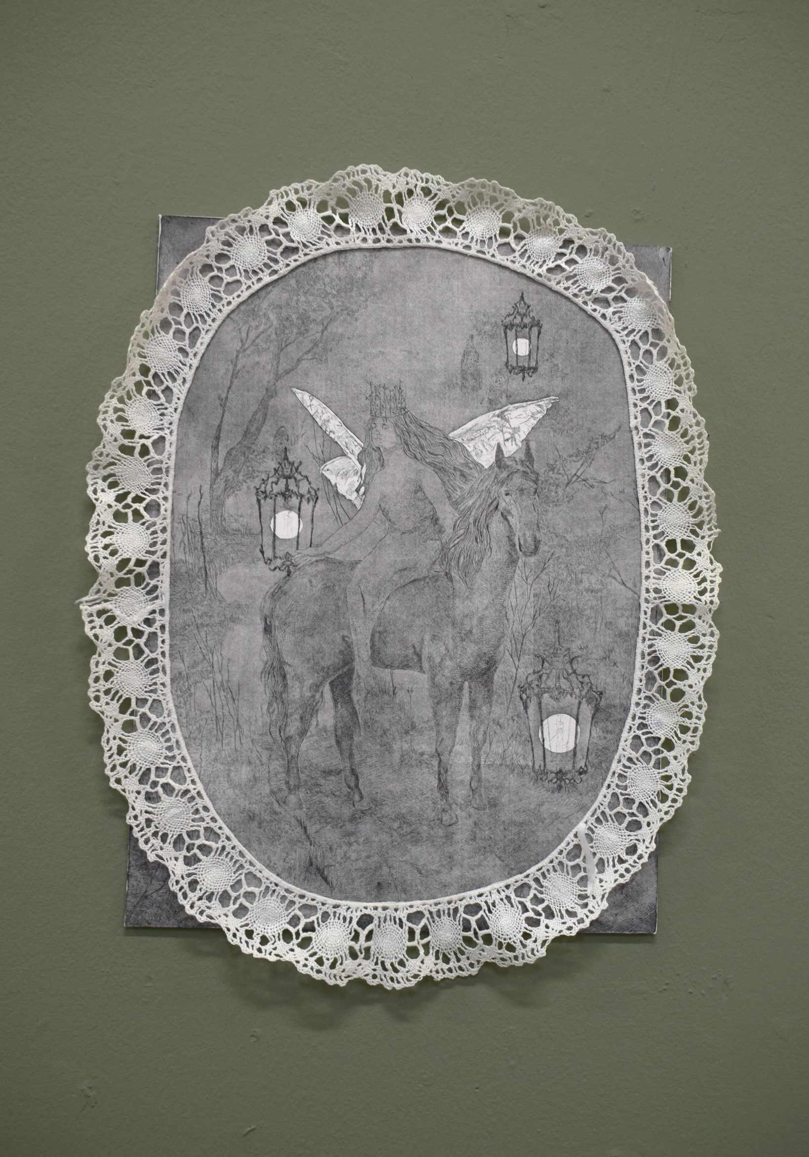 ‘ The fairy Procession’ aquatint etching on Fabriano paper with found doily adornment 8.3 x 11.7  inches, 2025