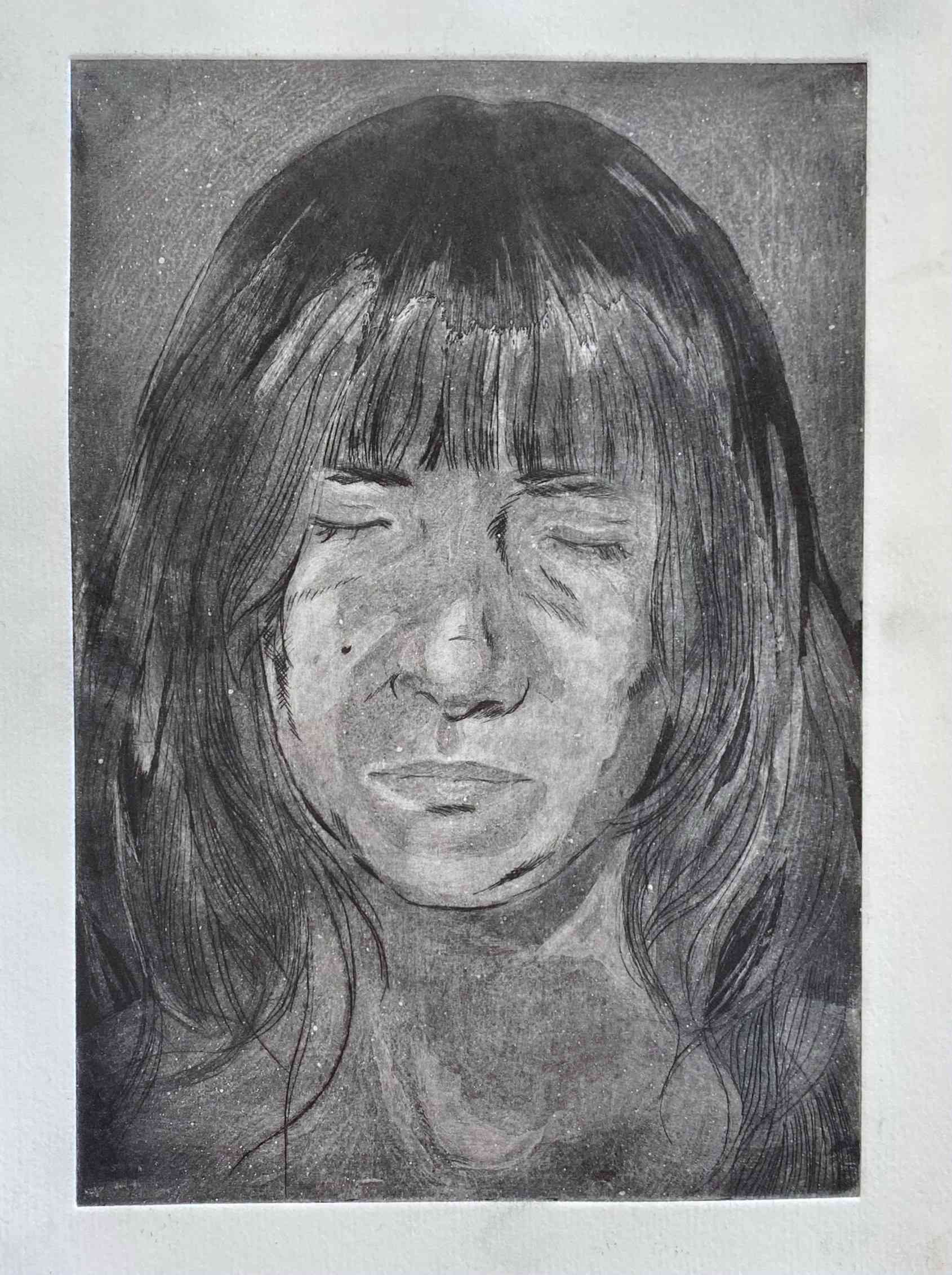 ‘Self portrait’, aquatint etching on Fabriano paper, 5.8 x 8.3 inches, 2024
