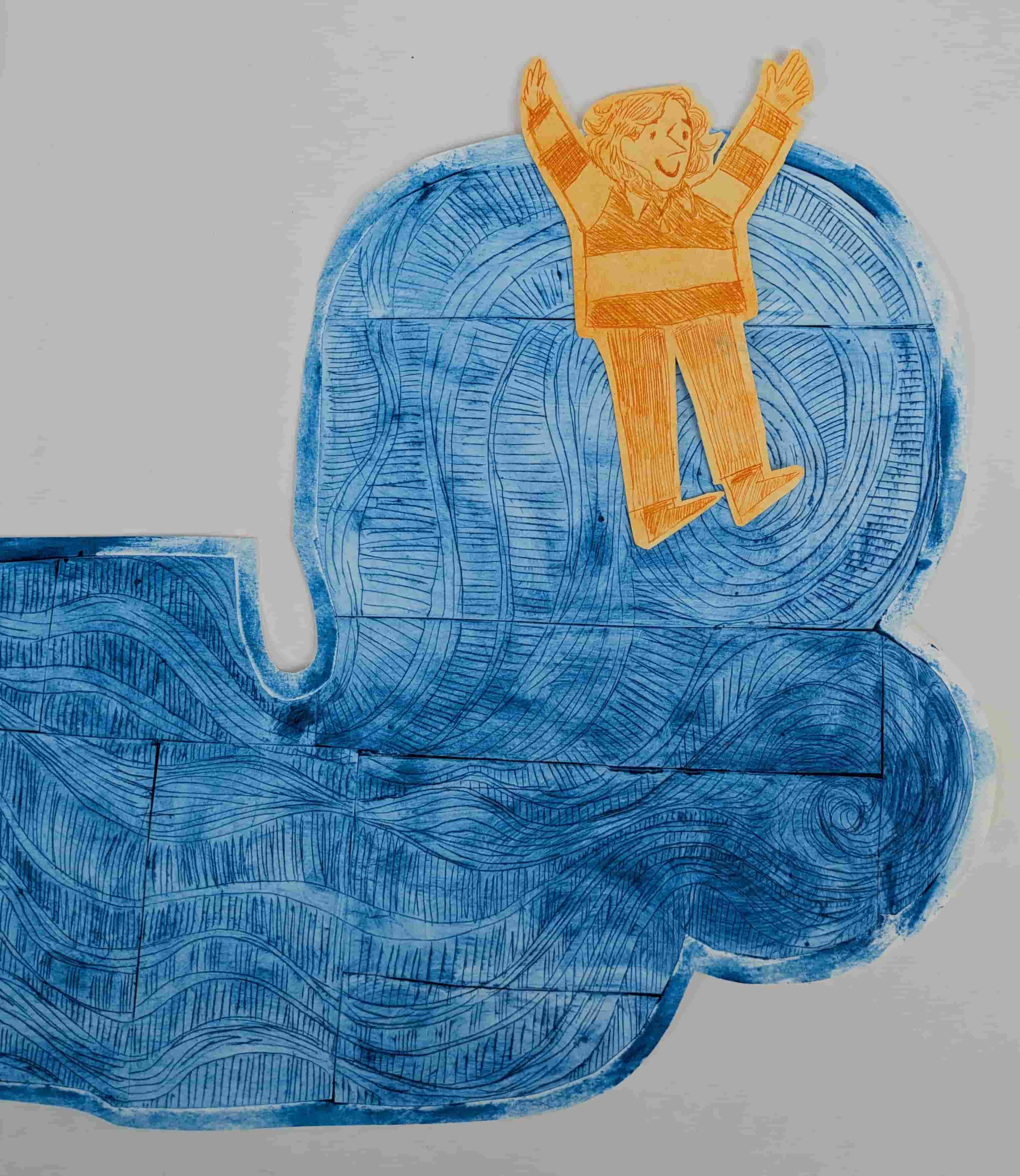 A blue tetrapack print of a swirling sky producing an orange printed character in a stripy jumper.