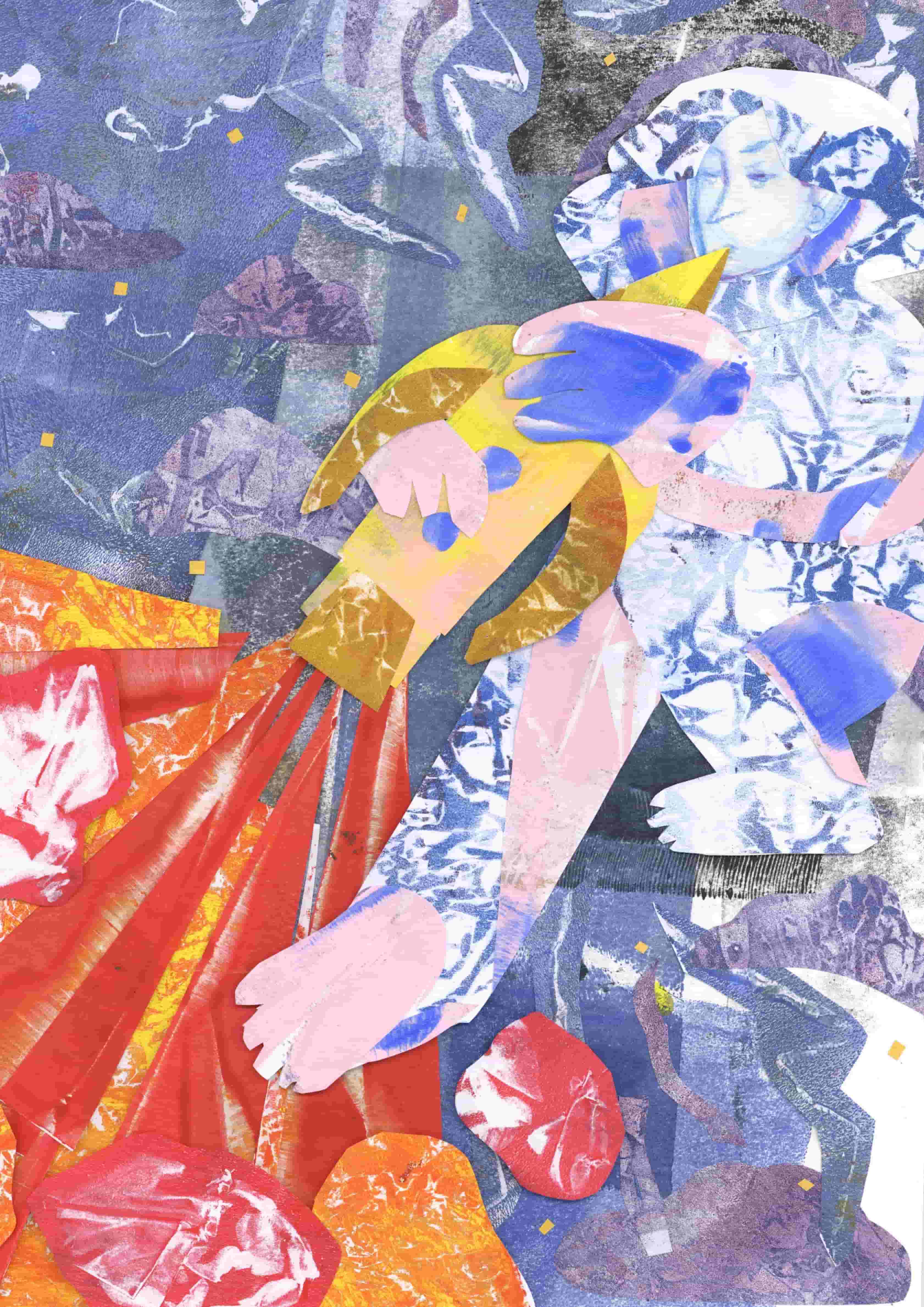 A collage of gelli printed paint textures create an image of woman in space playing a rocket like a saxophone