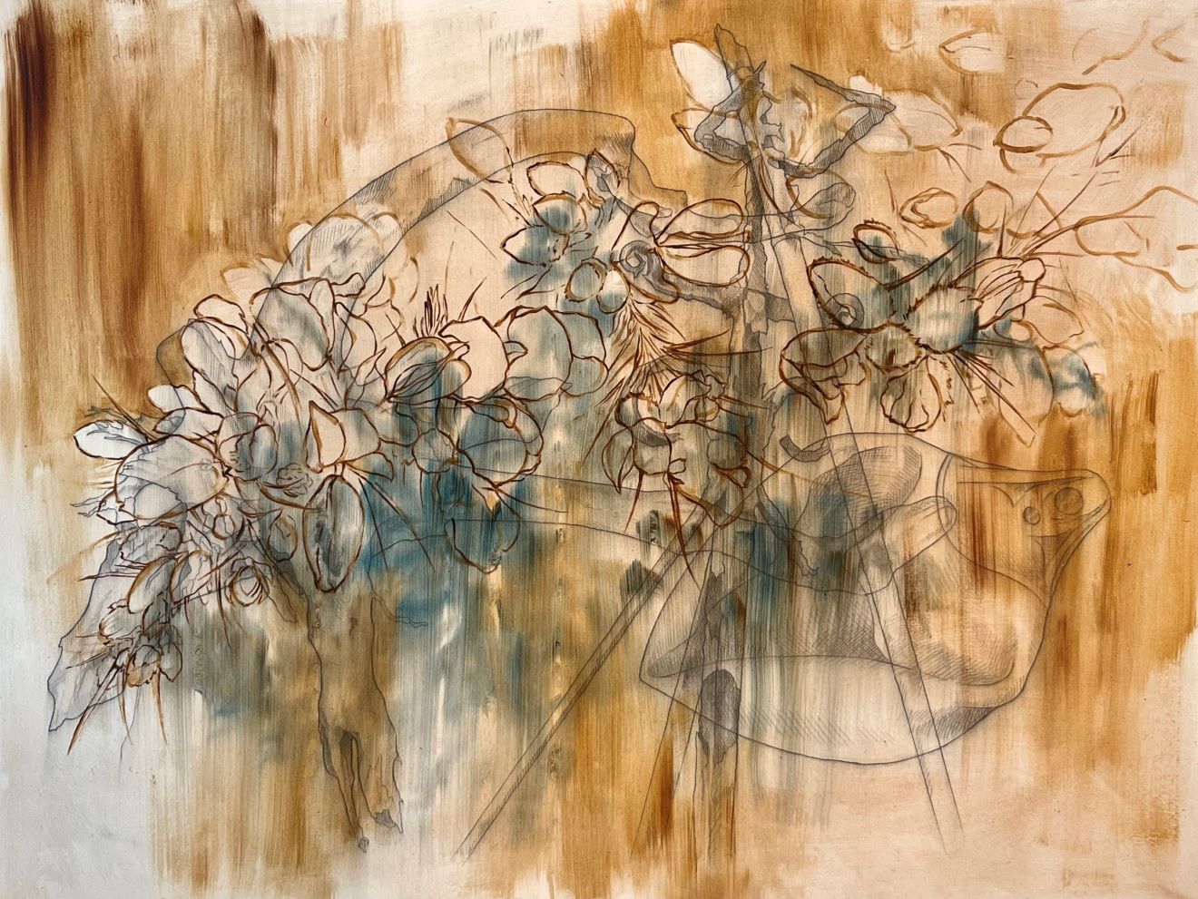 Painting. Brown and blue colour scheme, abstracted content based on natural and man made forms.