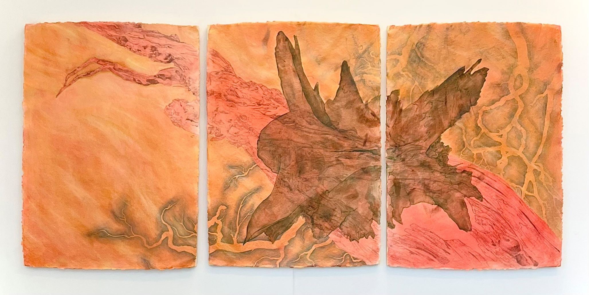Painting consisting of three separated panels featuring a collage of natural forms.