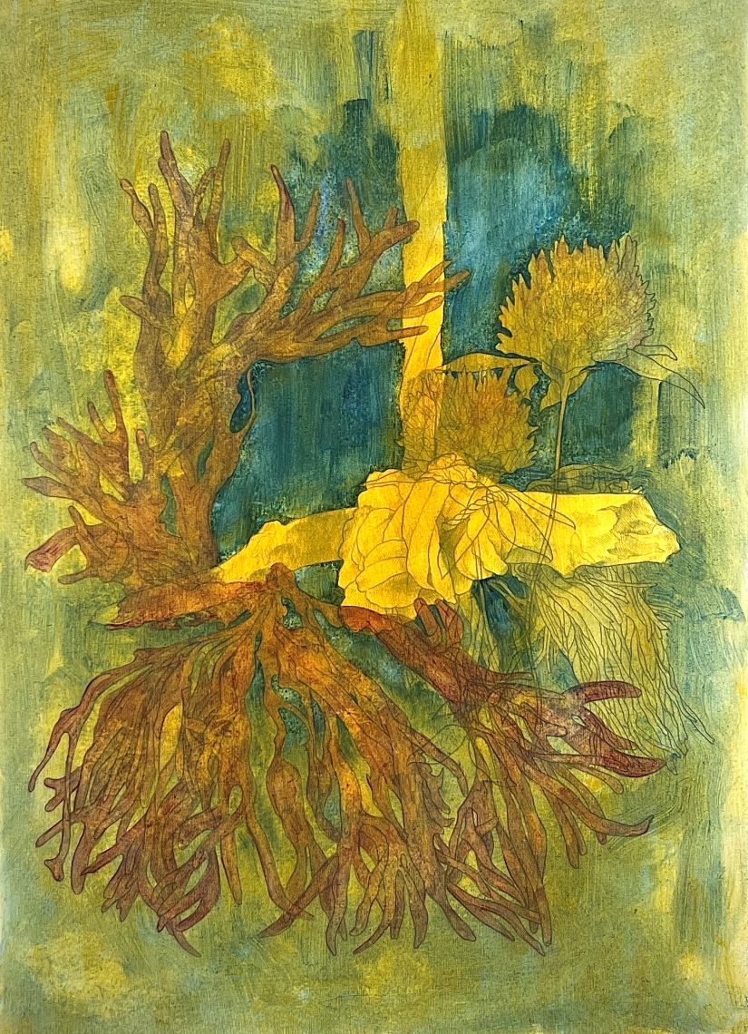 Painting featuring collage of natural forms.
