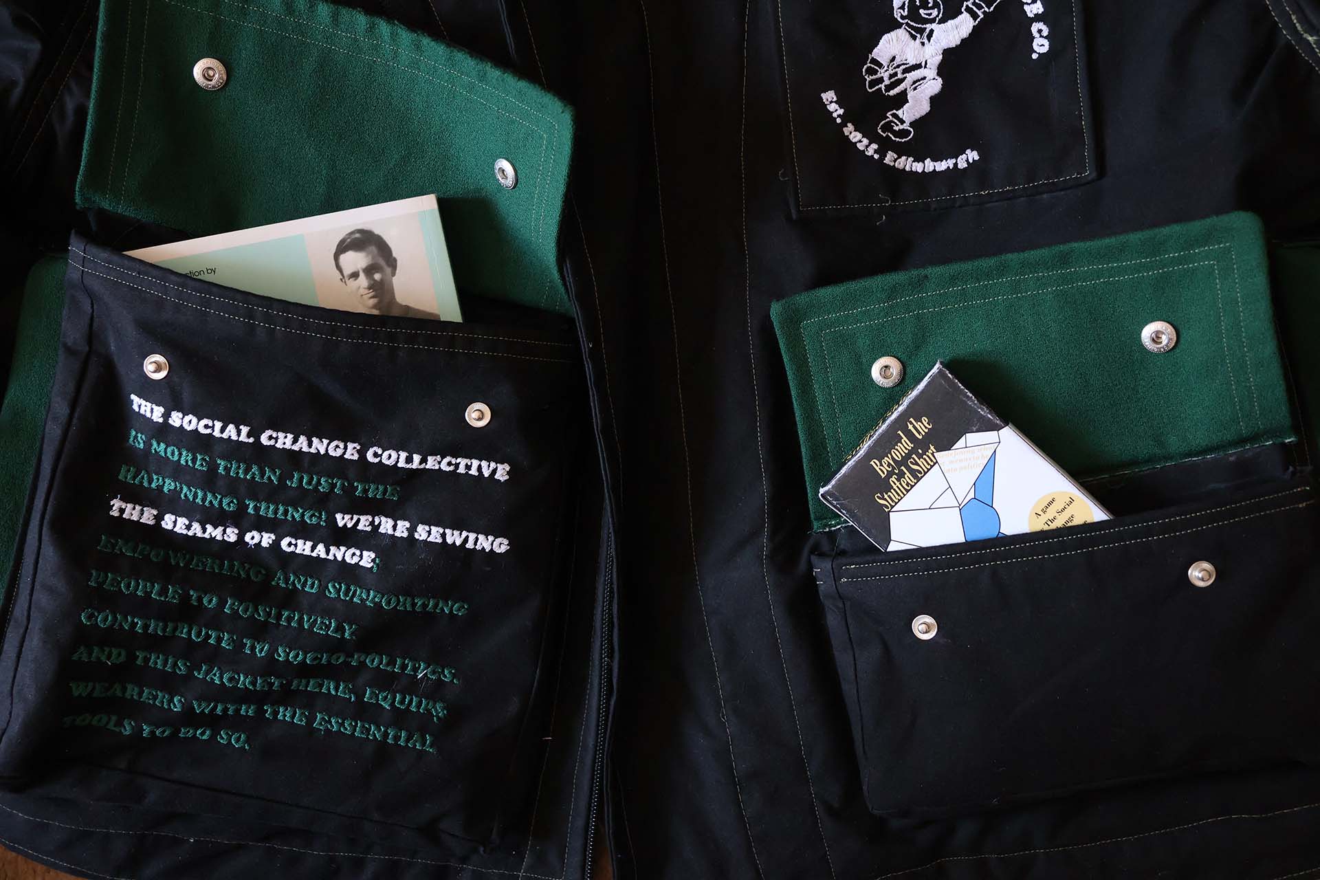 Close up of front pouches of Social Change Jacket