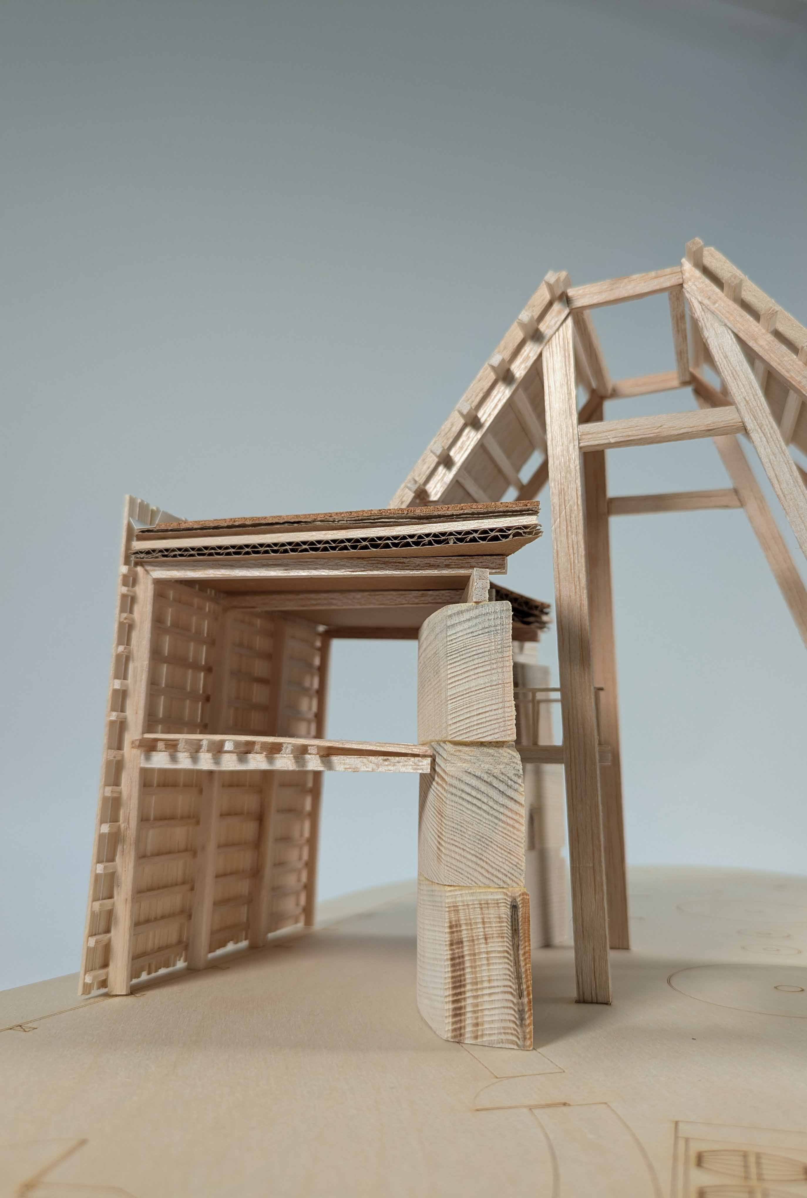 Photo of model of Distillery using balsa, cork, 3D prints on a plywood base
