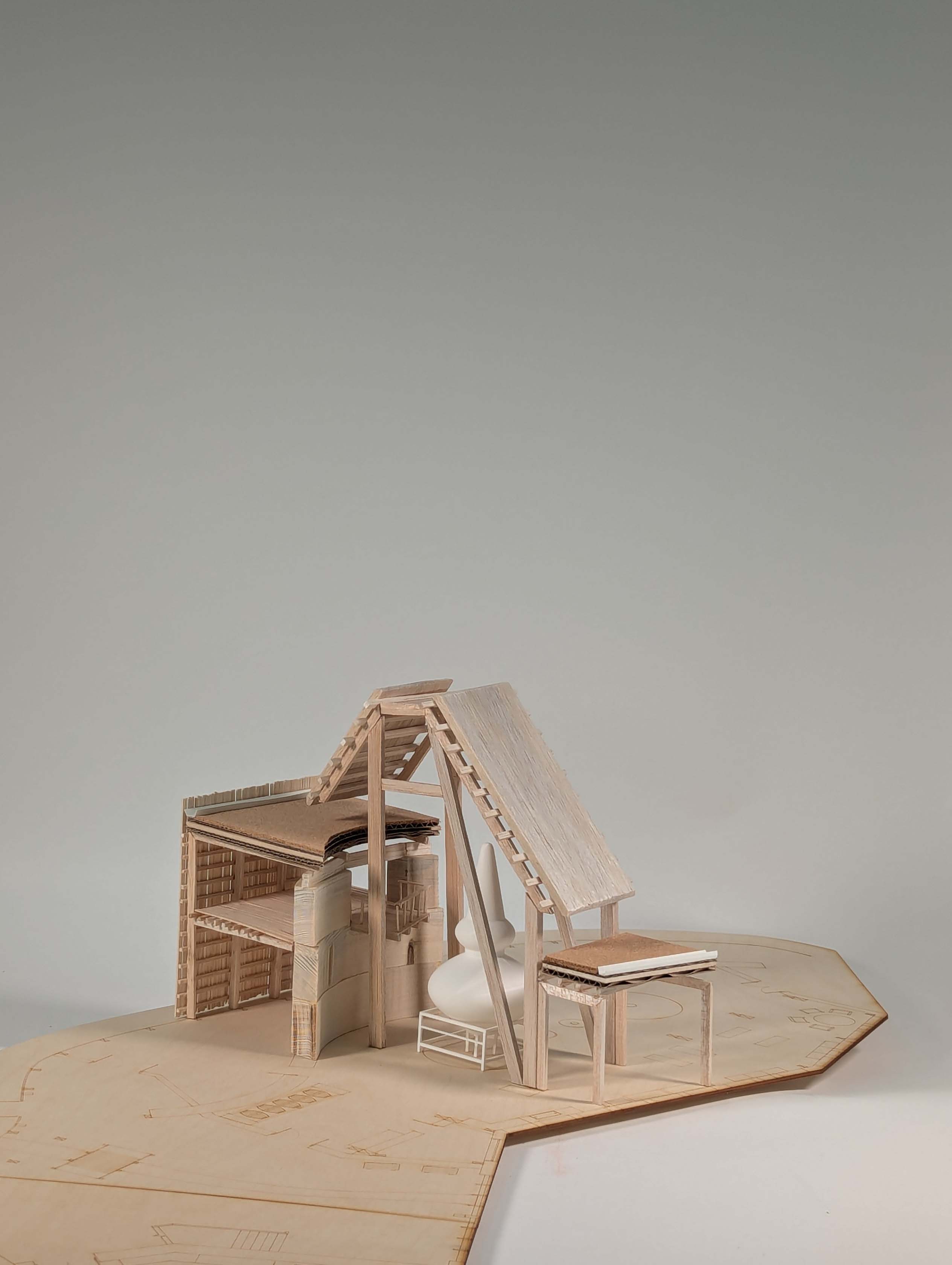 Photo of model of Distillery using balsa, cork, 3D prints on a plywood base
