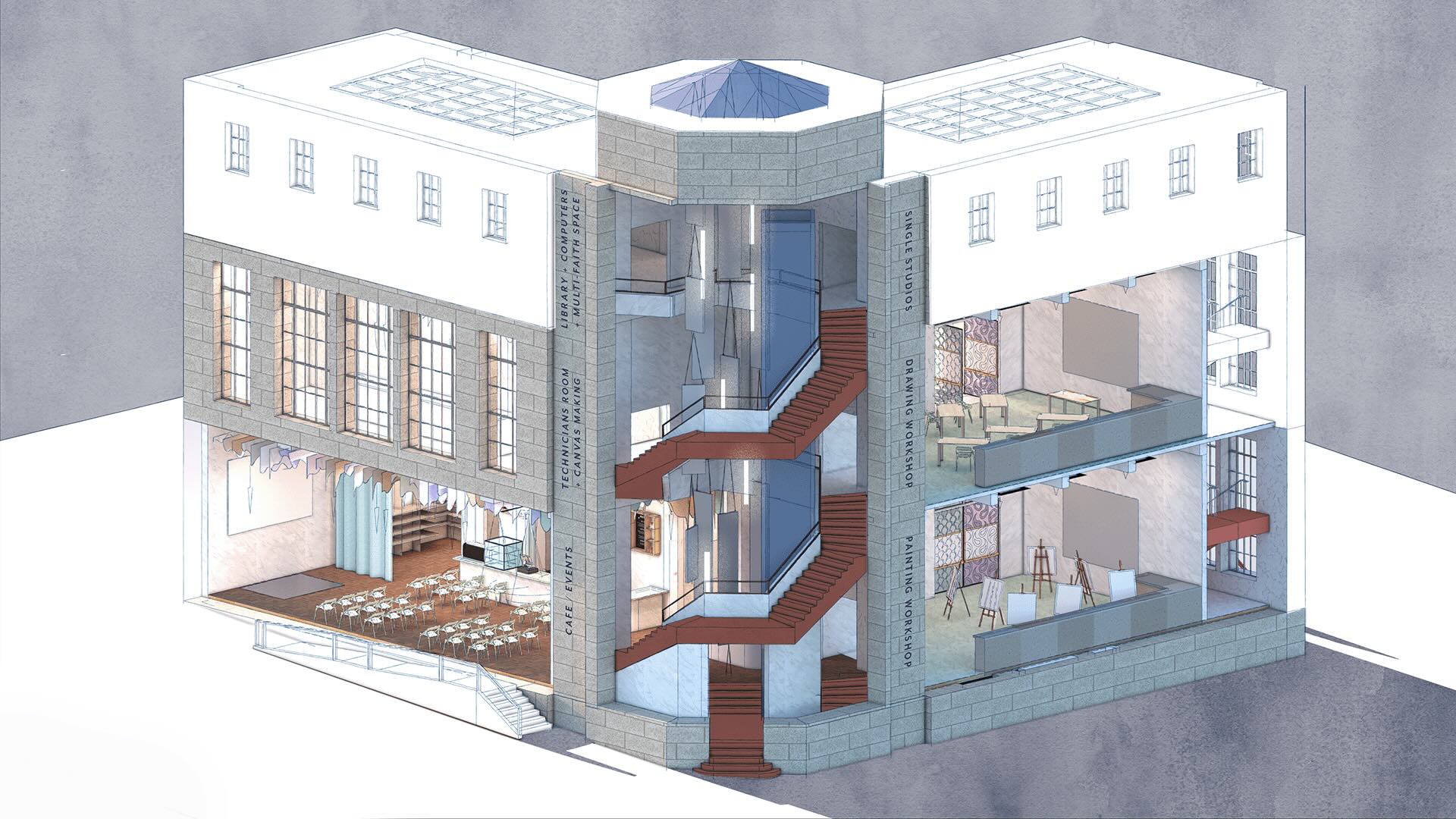 Final visual isometric of proposed designs showing workshops and cafe / events space
