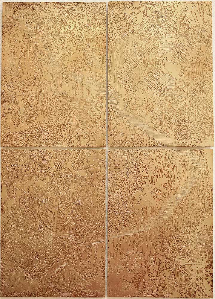 Four gilded metal etched wall panels