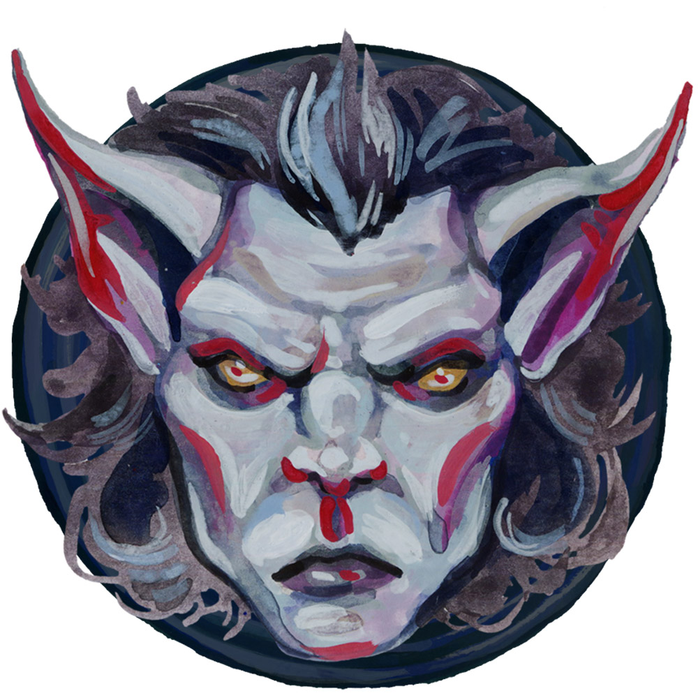 Gouache painting of a blue monster head.