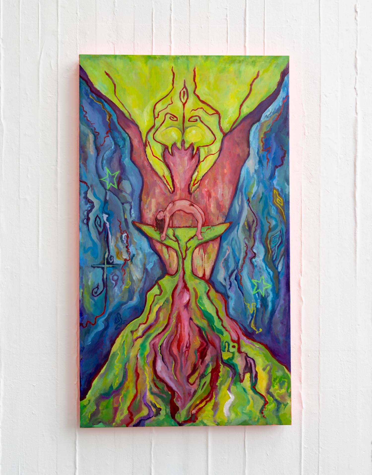 Painting with striking colours, mostly green, pink and blue. It depicts a figure in the middle being abducted by an alien figure on the top half of the painting. The composition is symmetrical and is delineated by two mountains on the side and bottom half of the painting.