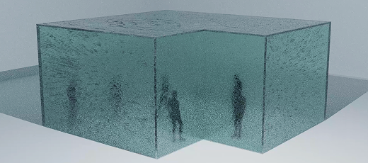 Angled exterior view of the L-shaped frosted glass structure with oversized human silhouettes inside.