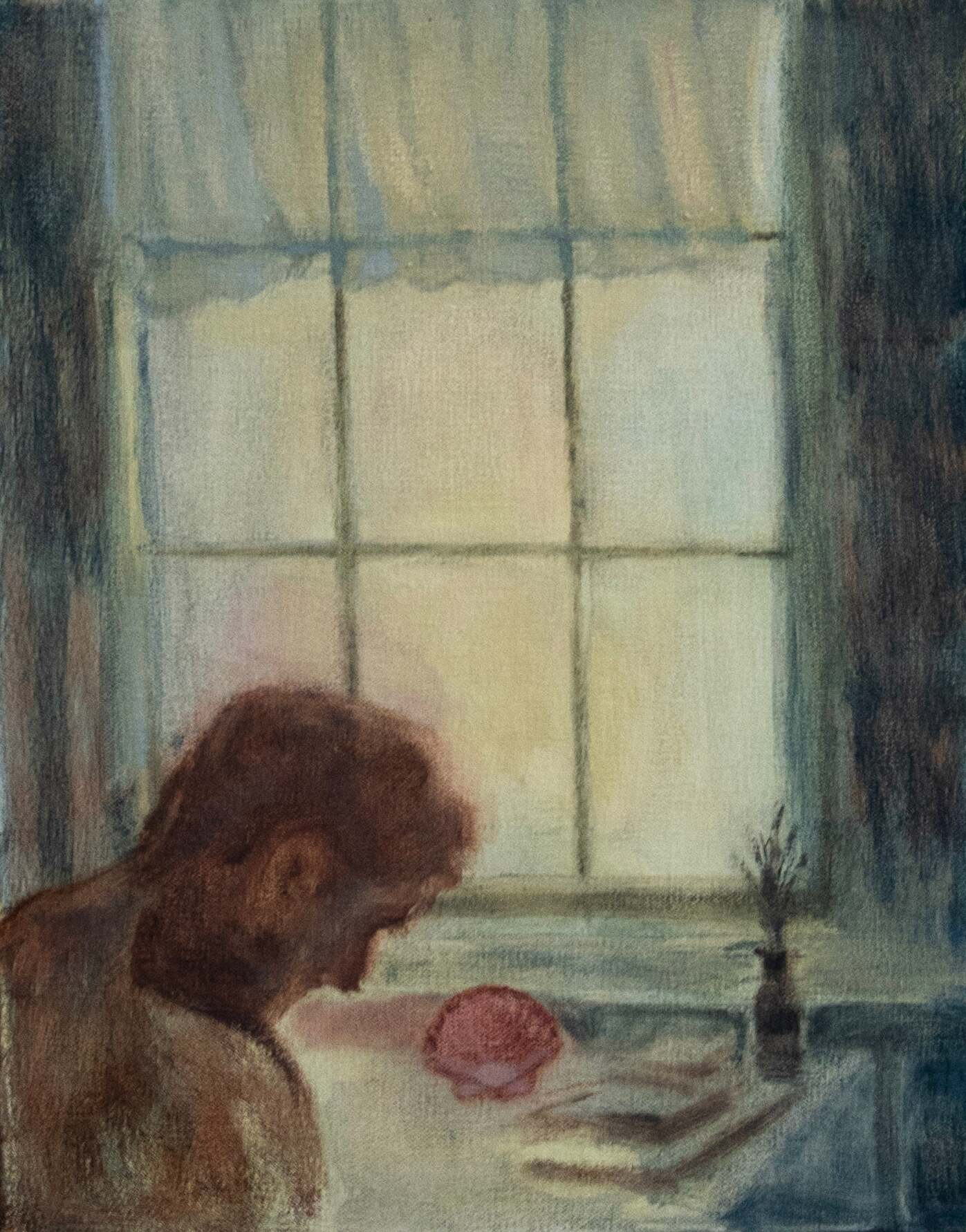 Man at a window, shell, books and vase on the windowsill 