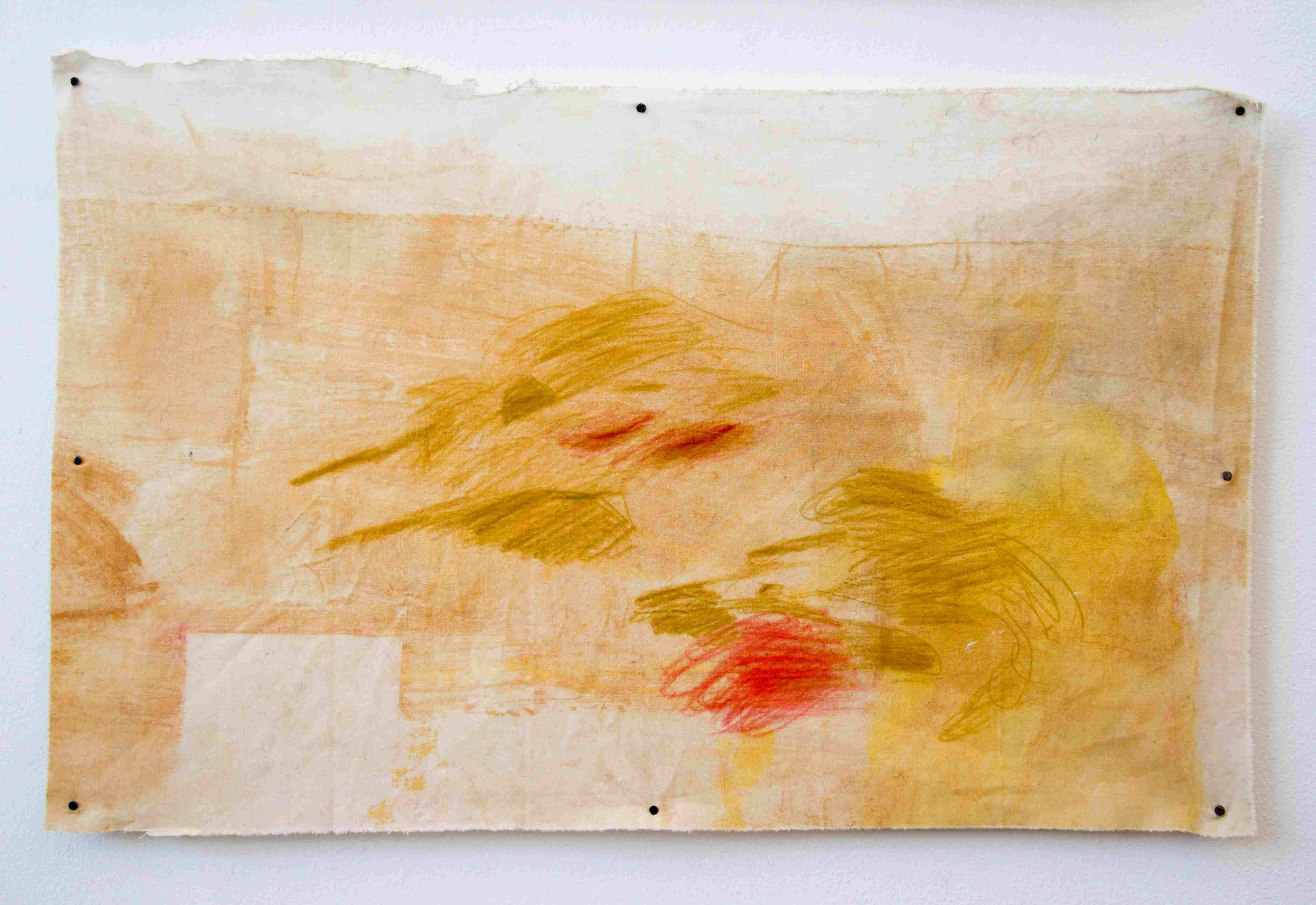 Piece of yellow fabric stretched with four nails. Two abstract drawings of mustached faces look at each other
