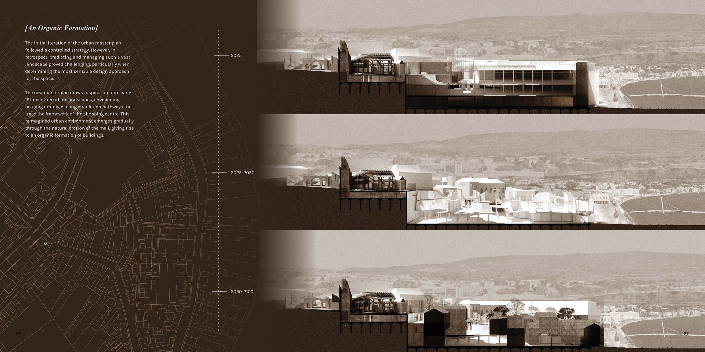 This image is the same section cut, cutting through the Airc and shopping centre depicting changes of the urban landscape changing over 100 years.