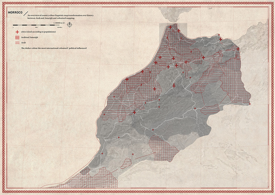 An overview of country ethno-linguistic map transformation over history between Arab and Amazigh and colonised mapping.