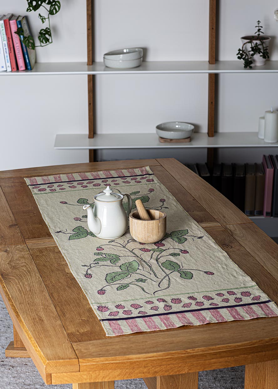 Full size table runner screen printed with natural dyes 