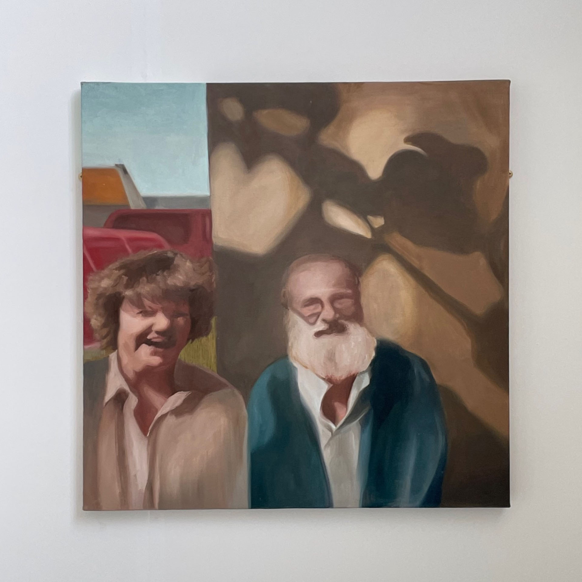 A painting of two people sitting in front of a standing stone, overlaid with a plant shadow.