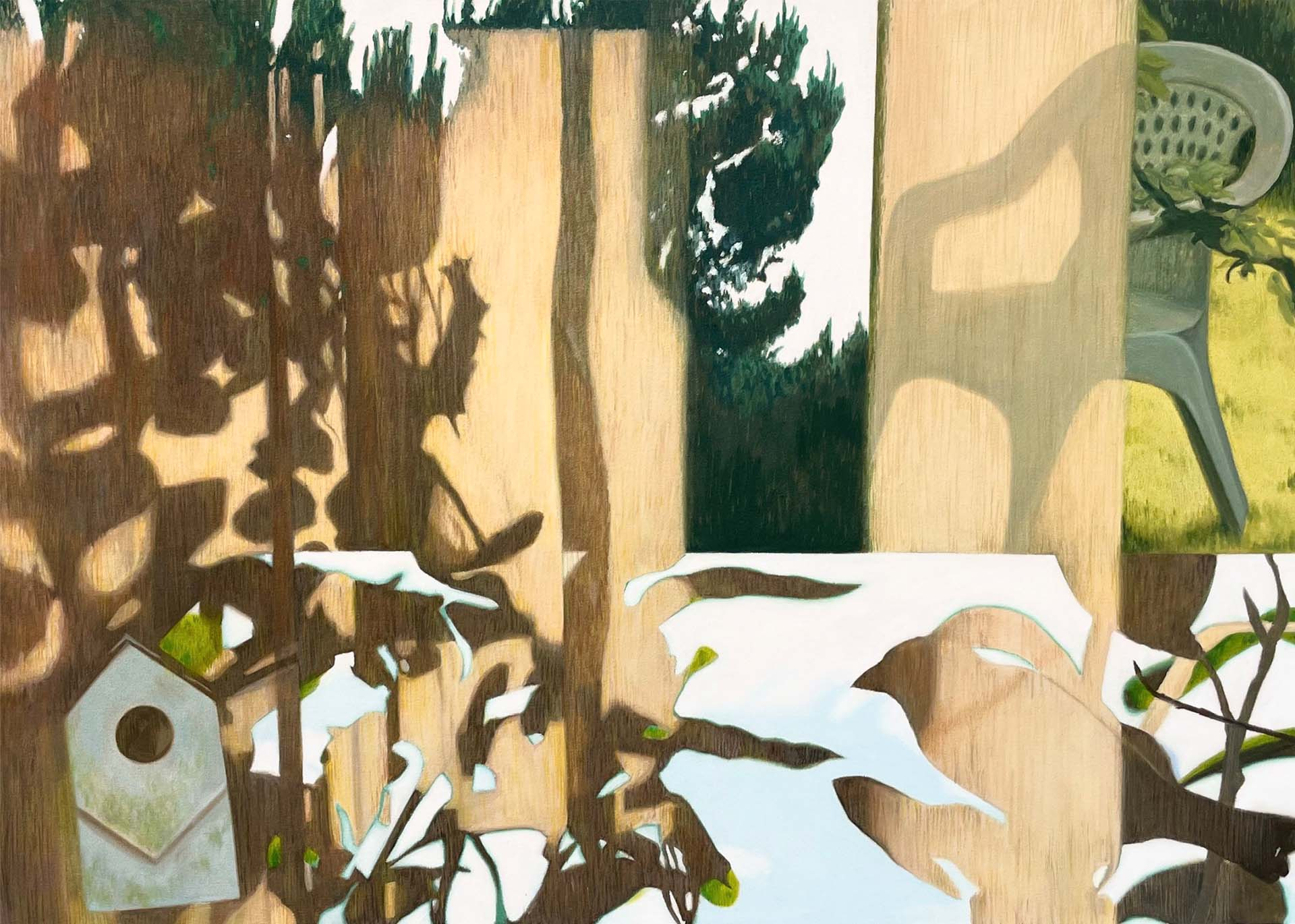 A painting of collaged imagery from a garden, including a cropped section of a pine tree, bird-house, bird and garden chair overlaid with shapes of plant shadows. 