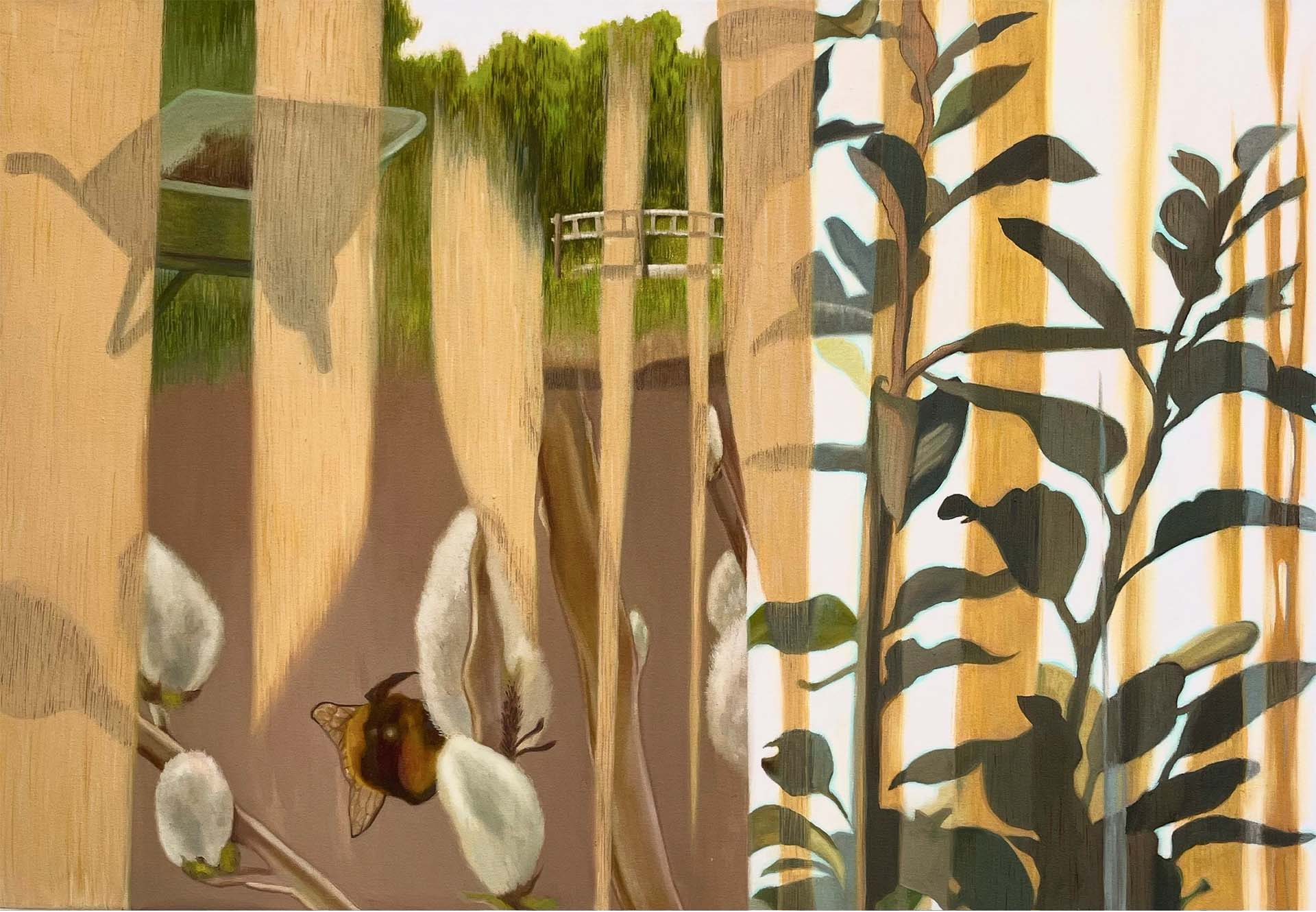 A painting of collaged imagery from a garden, including a wheelbarrow, a close-up of a bee on a willow catkin with trees, branches and leaves. 