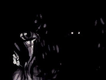 a very dark painting of a pair of eyes hidden behind a mass of long black hair