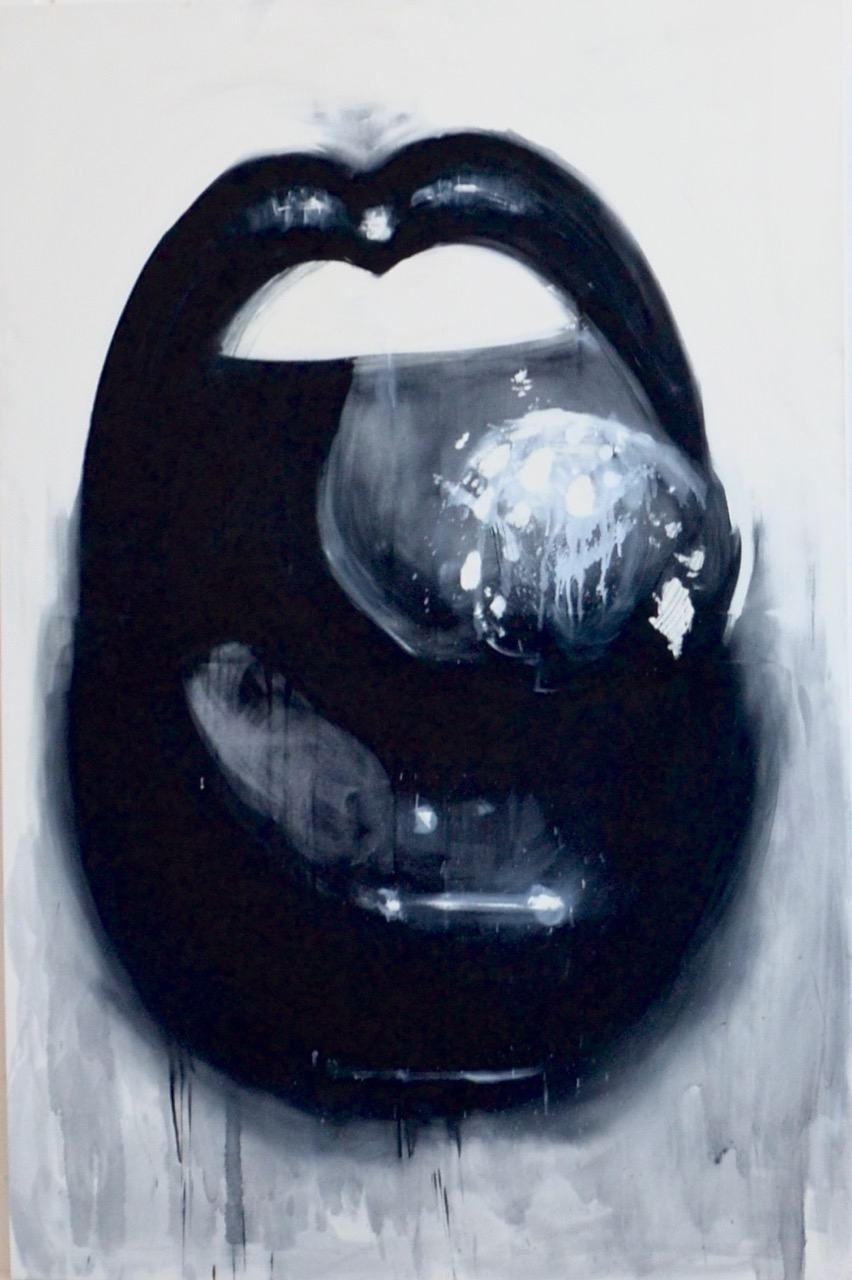 large black and white mouth painting with prodding tongue, very wet