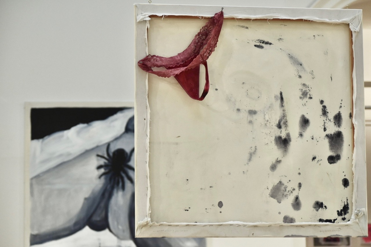 back of a painting with mouldy looking paint marks and a red 'bloody' thong suspended behind it, spider pubes hiding in the back