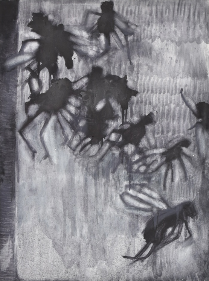 monochrome painting of dead flies inspired by a Boiffard photograph