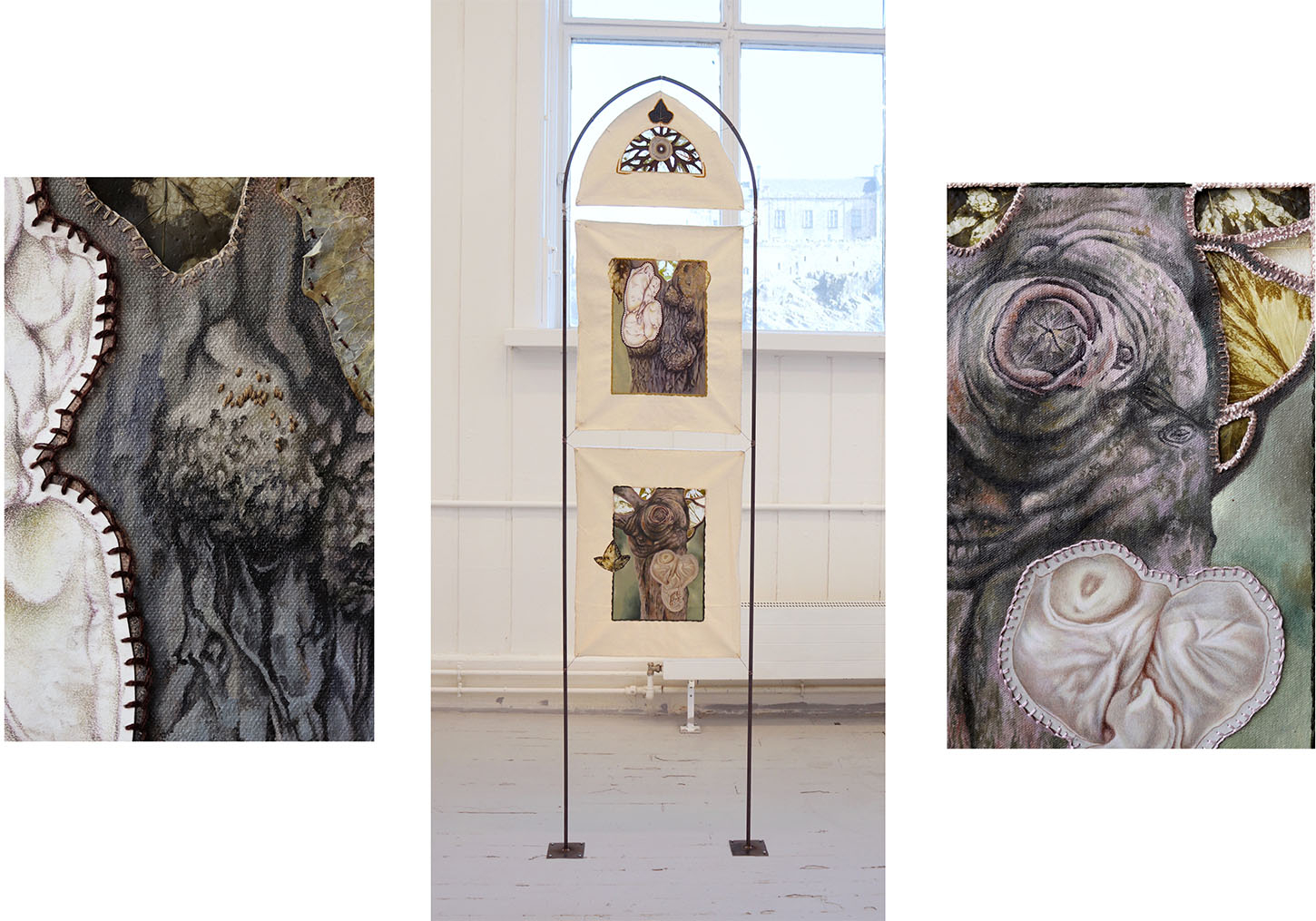 Three images, with a picture of a metal stand with a pointed arch on top that has artworks stretched onto it. The image of the arch is flanked by two detail shots of the artworks, both with painted bark structure, colored-pencil drawings and dried leaves sewn onto them, and embroidery. 