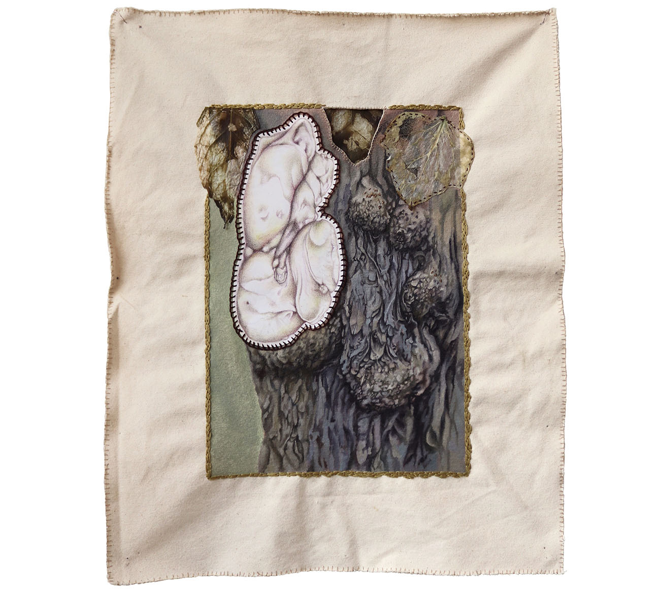 A canvas-based artwork with a painted tree, dried leaves and a coloured-pencil drawing of a giant cell sewn onto the canvas.