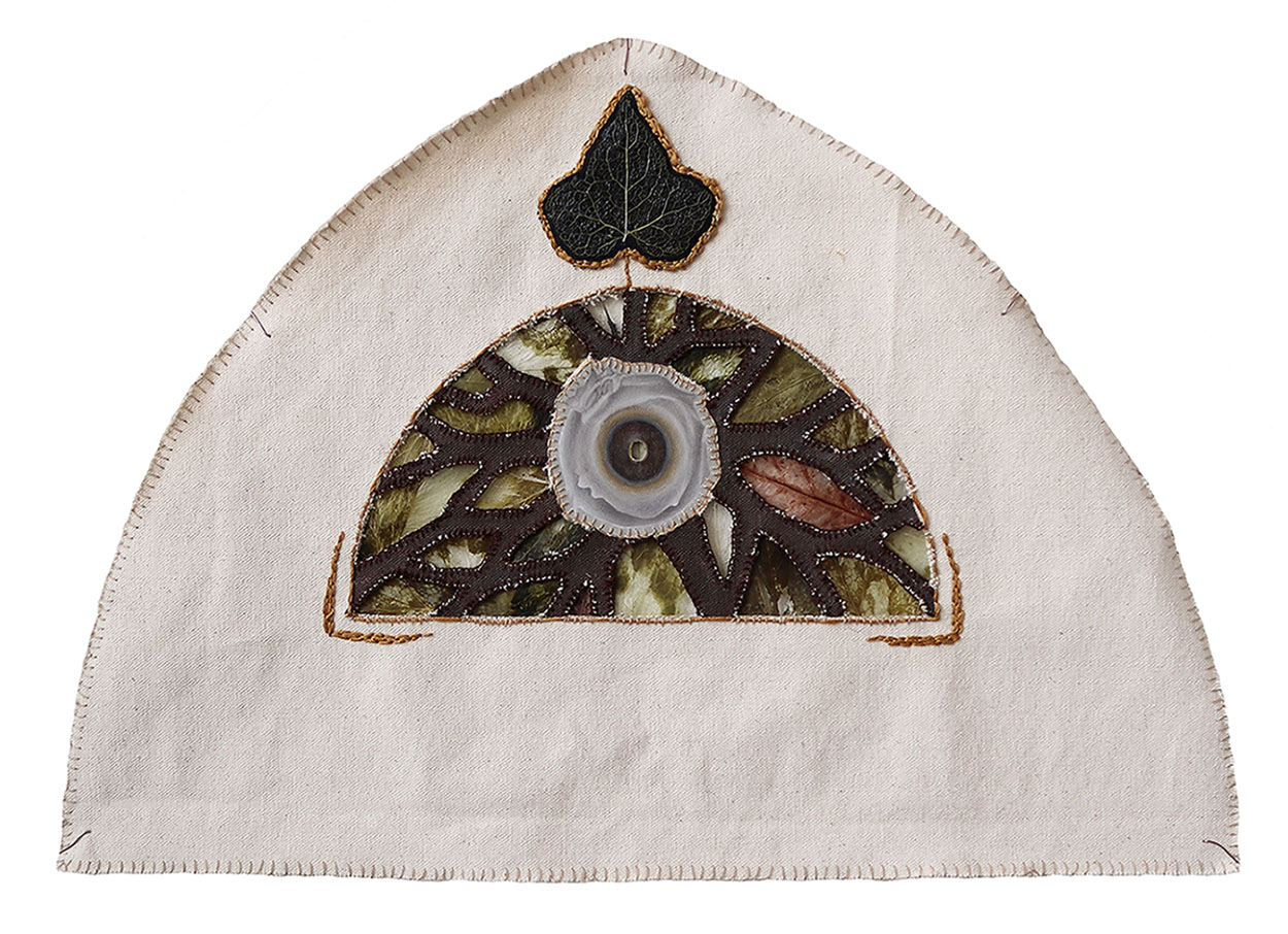A canvas-based artwork of a painted arborescent "window" made with translucent leaves; oil paint and embroidery.