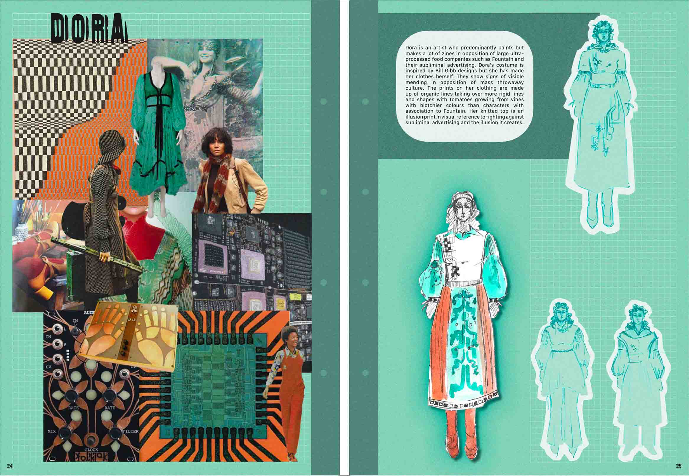 On the left a moddboard of images of circuit boards, illusion prints and women from the 1970s. On the right are sketches of a woman wearing a 1970s dress.
