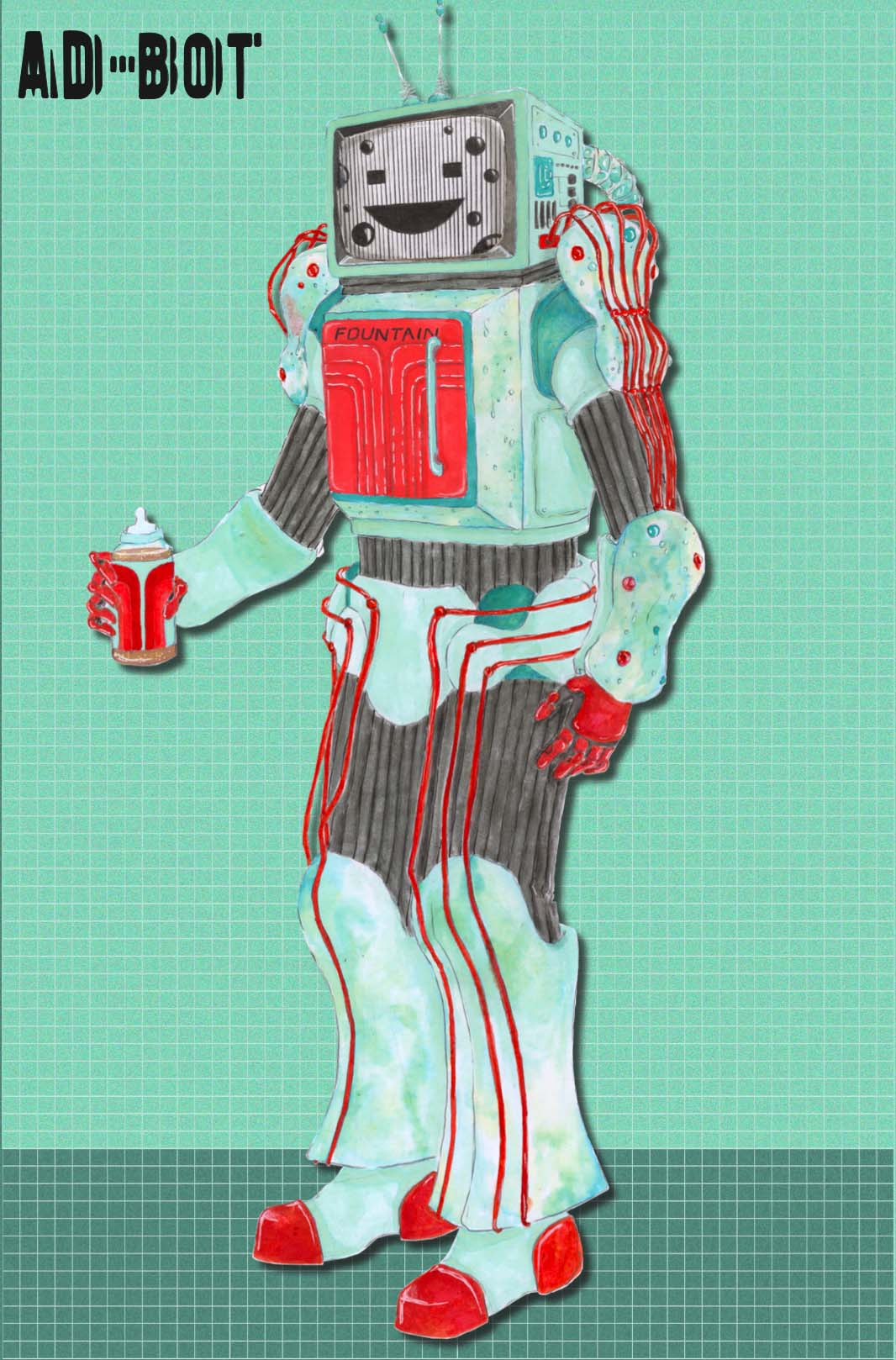 An ink illustration of a mint green robot. The head is a television with a smiling face and bubbles. The belly is a red fridge. The robot is holding a baby bottle of cola in its hand.