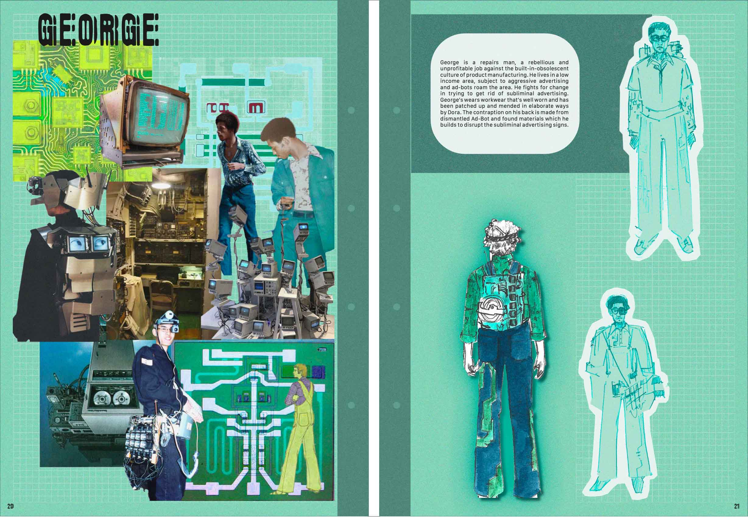 On the left a moodboard of images including circuit boards and men with inventions. On the right sketches of a man wearing patchwork dungarees.